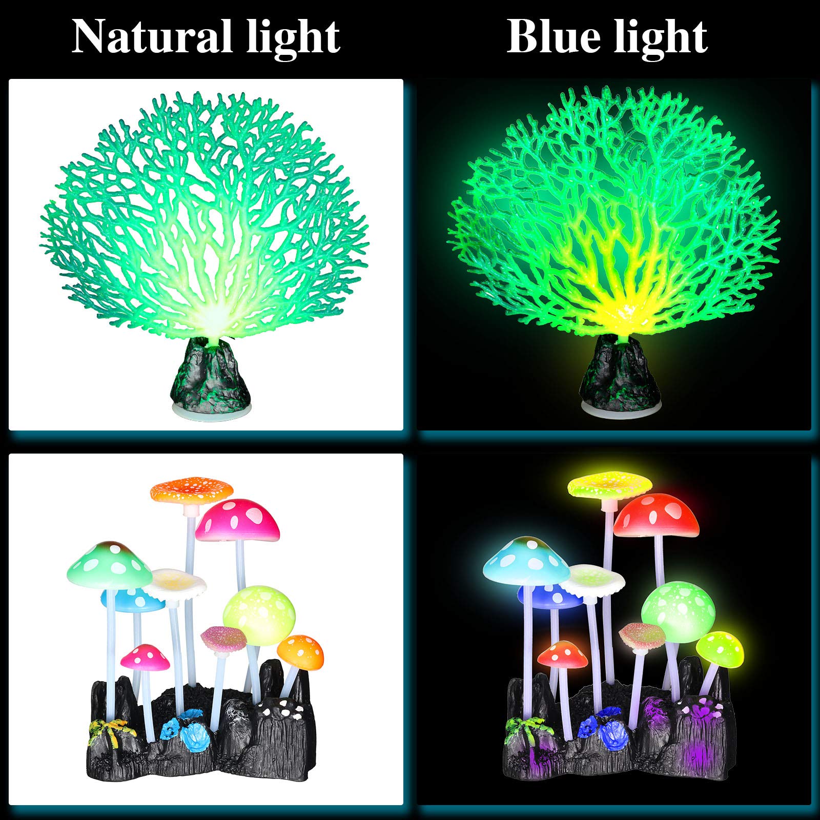 Frienda 8 Pieces Glowing Fish Tank Decorations Plants with 2 Style Glowing Kelp, Sea Anemone, Simulation Coral, Jellyfish, Lotus