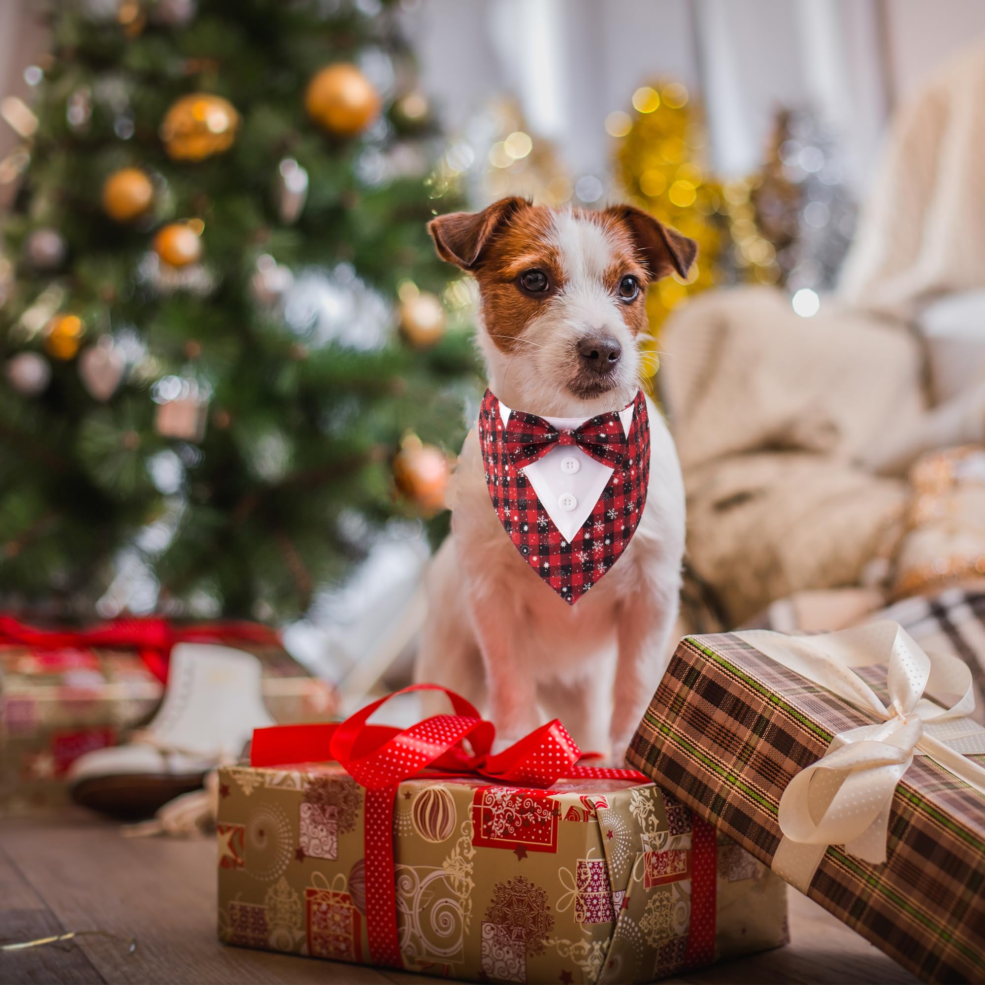 Adoggygo Christmas Dog Tuxedo Bandana, Red Plaid Pet Chritstmas Tux With Bowtie Adjustable Christmas Formal Costume For X-Small