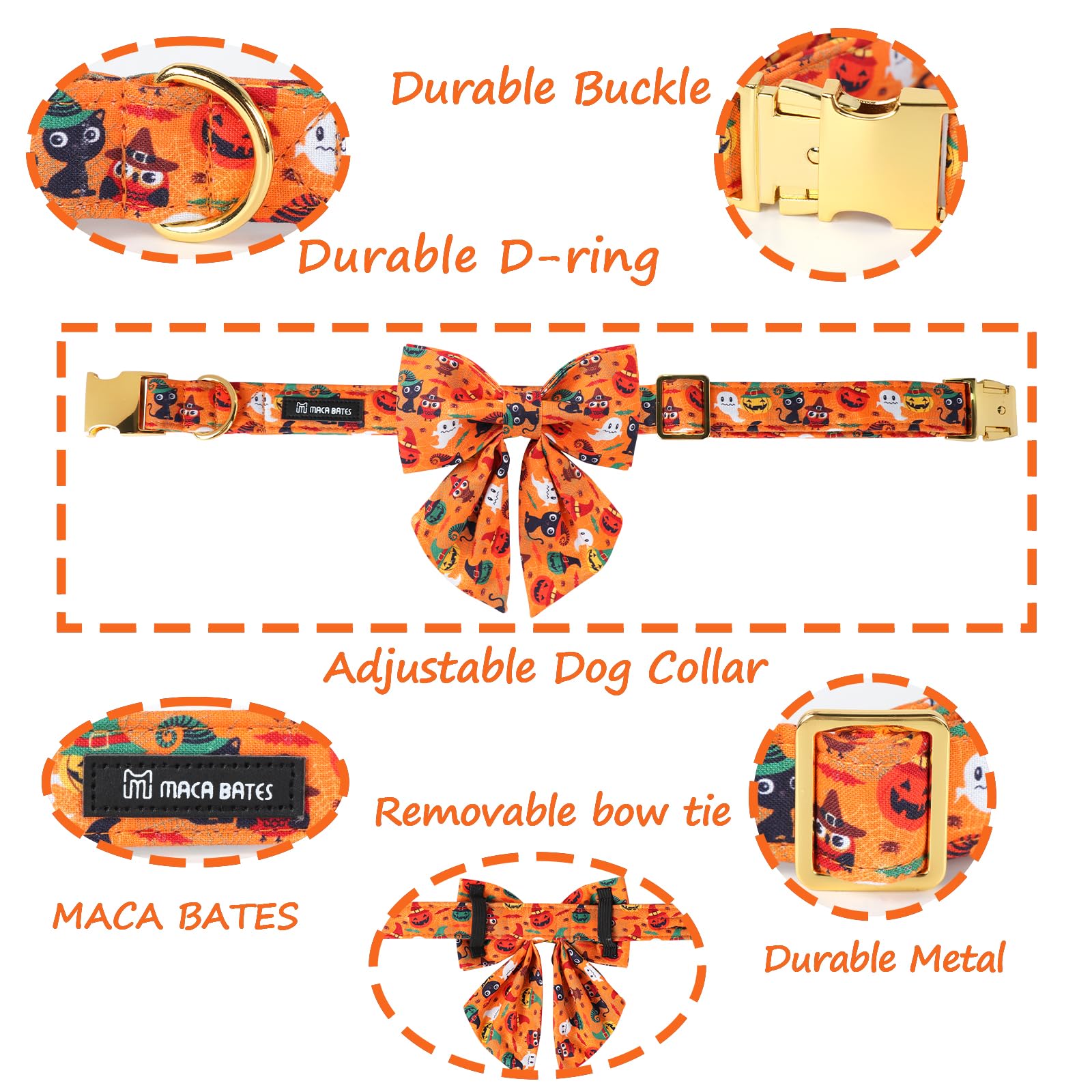 Maca Bates Halloween Dog Collar Spooky Ghost Dogs Collars With Bow Yellow Pumpkin Puppy Colar With Bowtie Adjustable Birthday Gift For Xs Small Medium Large Xl Girls Boys Male Female Dogs Pet