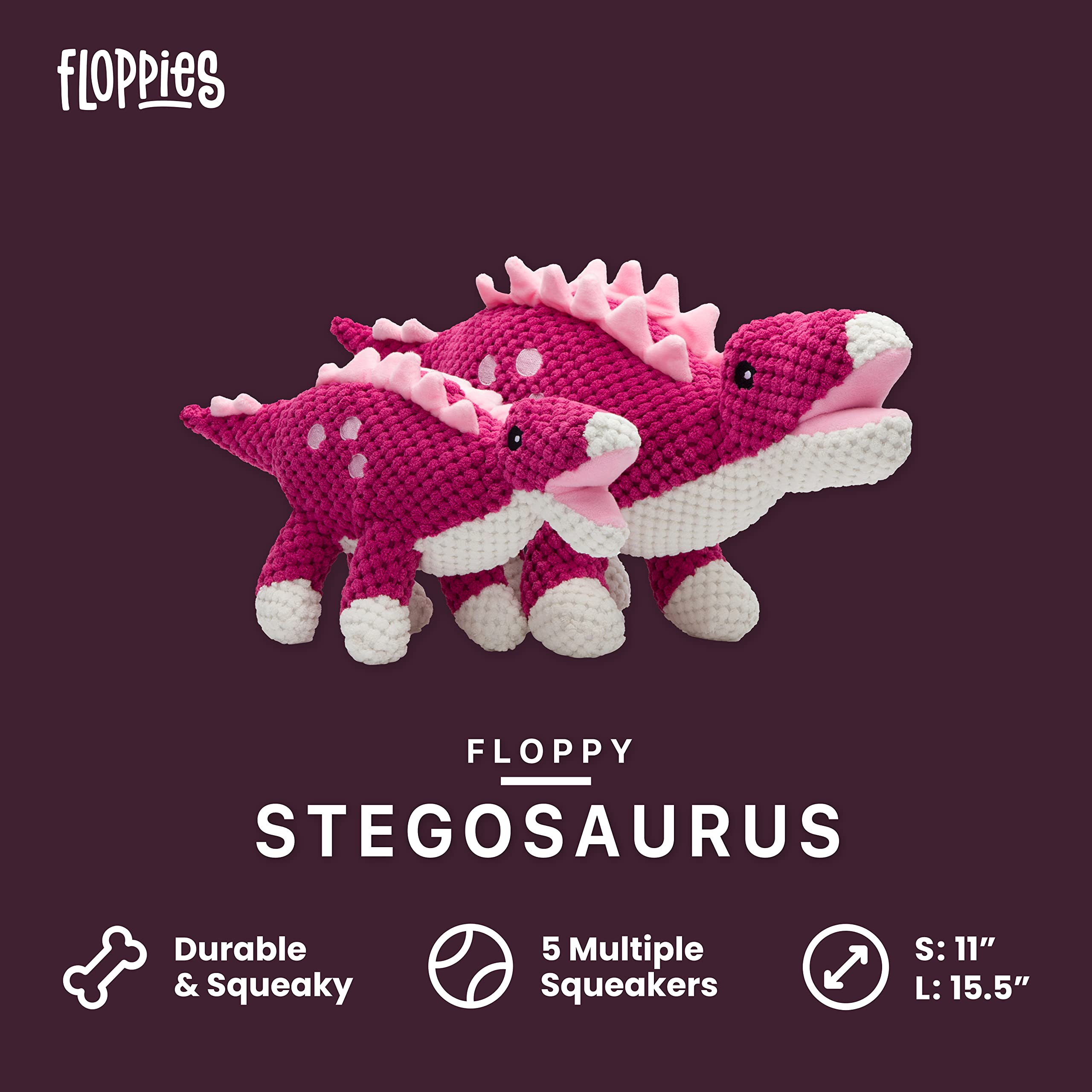 Fabdog Floppies Plush Dog Toy - Cute & Durable Squeaky Dog Toys - Best Squeak Toy For Puppies And All Breeds | Ideal Pet Gift| Small Stegosaurus