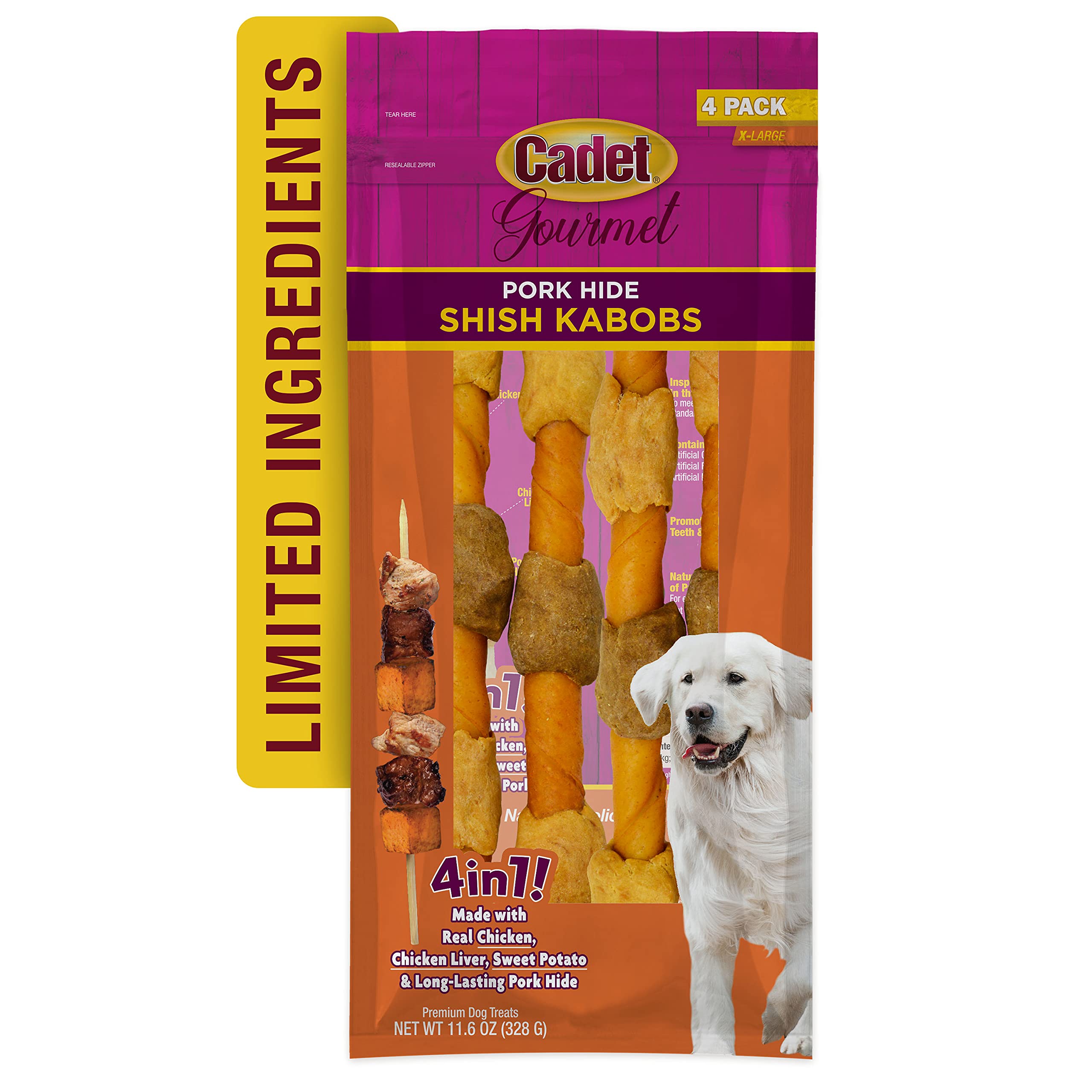Cadet Gourmet Shish Kabob Dog Treats for Large Dogs, Healthy & Natural Chicken & Sweet Potato Chew Sticks, Pork Hide, Extra Larg