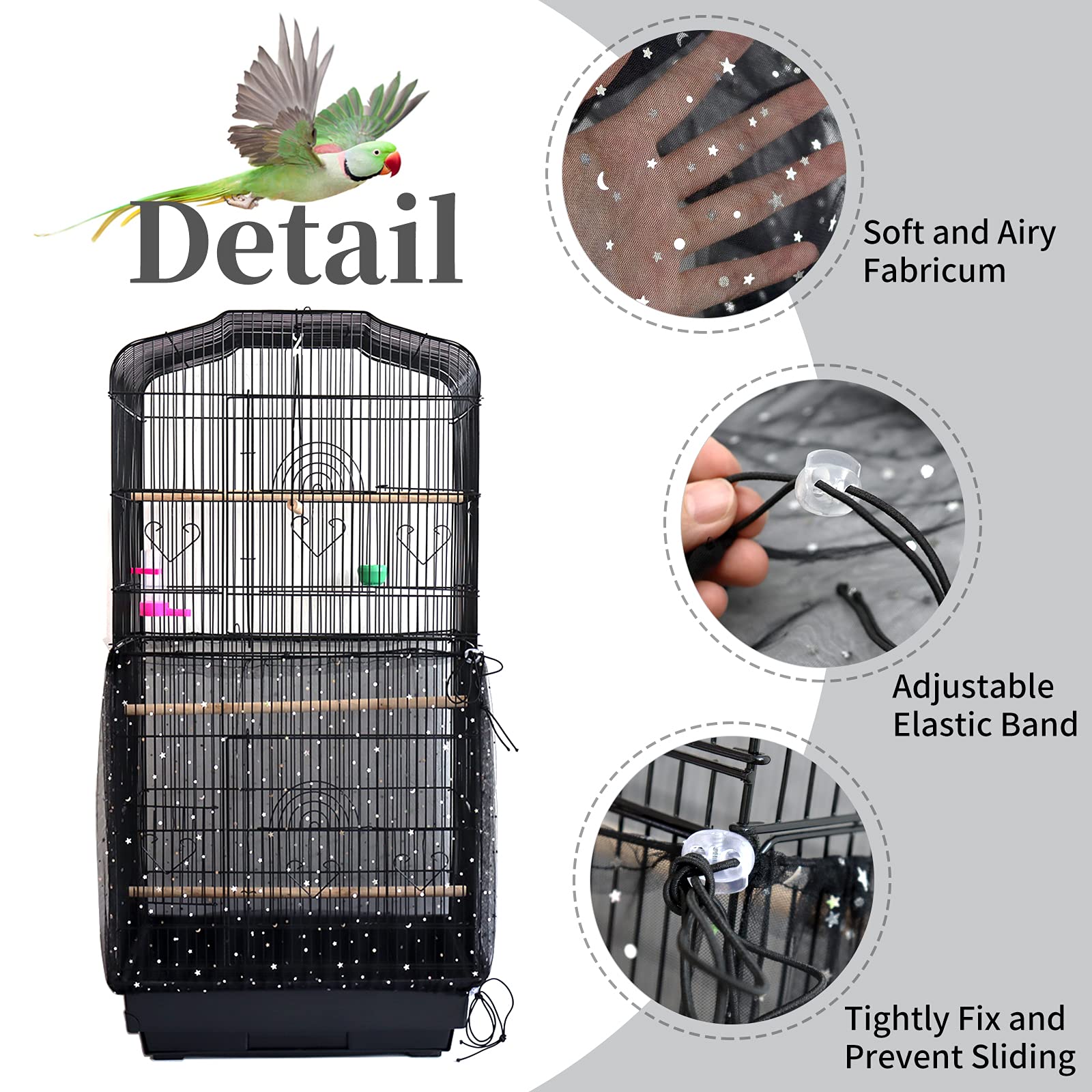 Daoeny 2Pcs Adjustable Bird Cage Cover, Upgraded Airy Nylon Mesh Parrot Net With Sequins, Universal Seed Feather Catcher, Soft Birdcage Cover Skirt Sheer Guard For Parakeet Macaw Round Square Cages