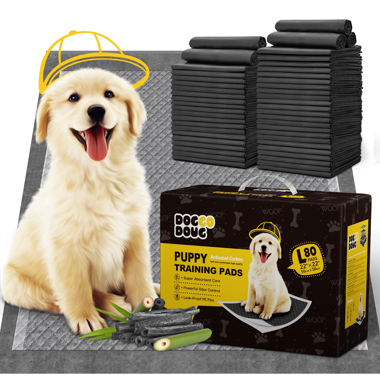 Charcoal Puppy Pads 80 Counts,22x22 Dog Pee Pads Small Disposable Activated Carbon Super Absorbent Full Edge-Wrapping Pee Pads O