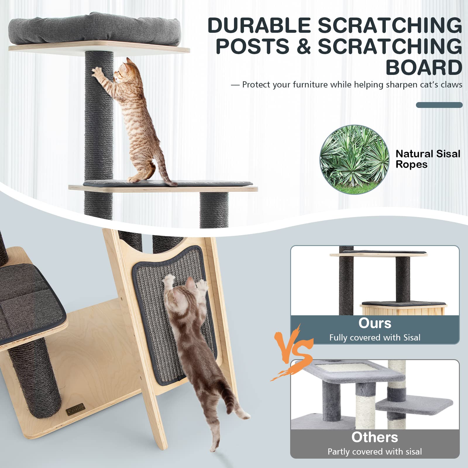 Tangkula Tall Cat Tree, 69 Inch 5-Tier Wood Cat Tower With Scratching Sisal Posts, Top Perch, Cute Cat Condo, Modern Cat Tree With Washable Cushions For Indoor Cats Large Adult (Grey)