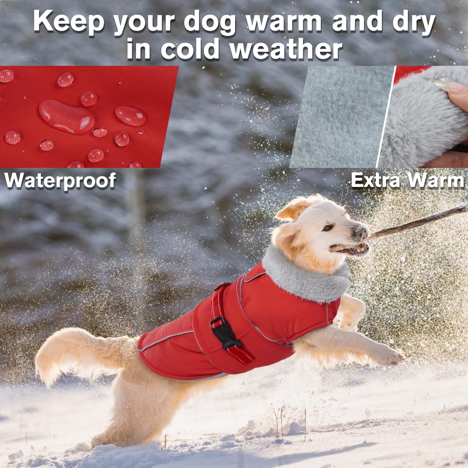 LeLePet Warm Dog Coat - Reflective Fleece Vest, Waterproof, Windproof, Size M, Red