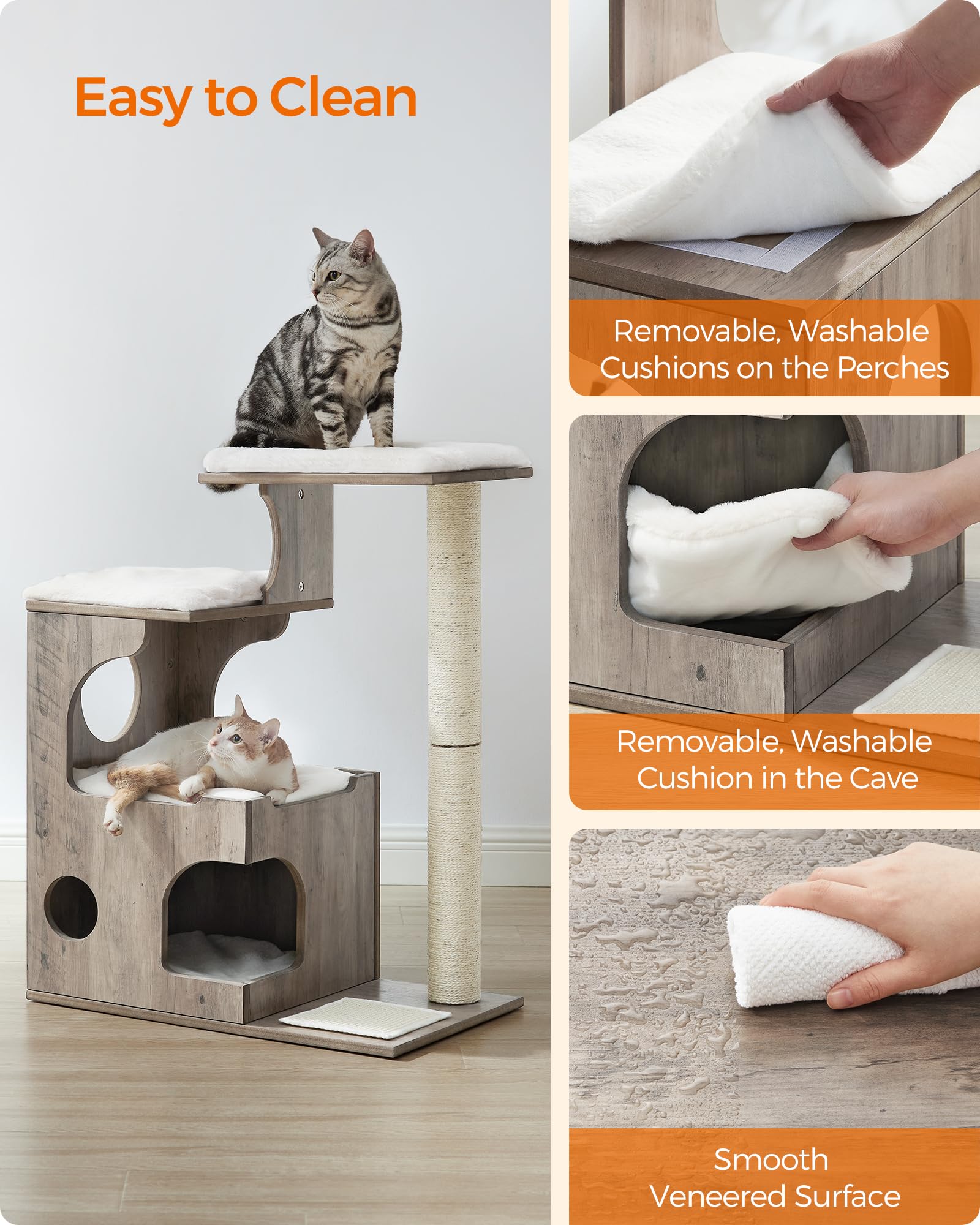 Feandrea WoodyWonders Cat Tree, 33.8-Inch Modern Cat Tower, Cat Condo with 3 Perches, Scratching Post and Mat, Cave, 4 Removable