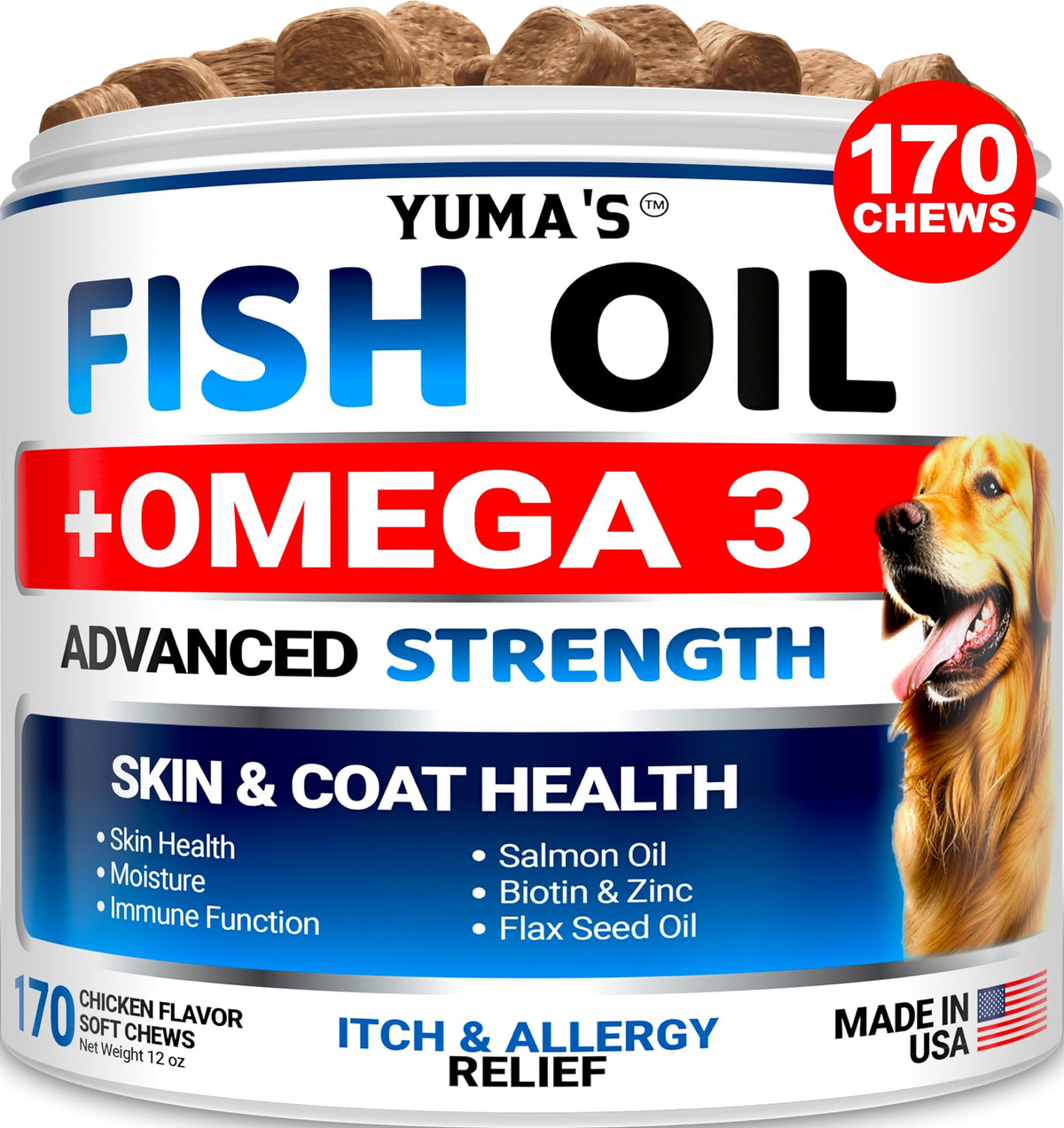 Omega 3 Fish Oil For Dogs - 170 Chews - Skin And Coat Supplement - Omega 3 For Dogs - Dry & Itchy Skin Relief Treatment - Allerg