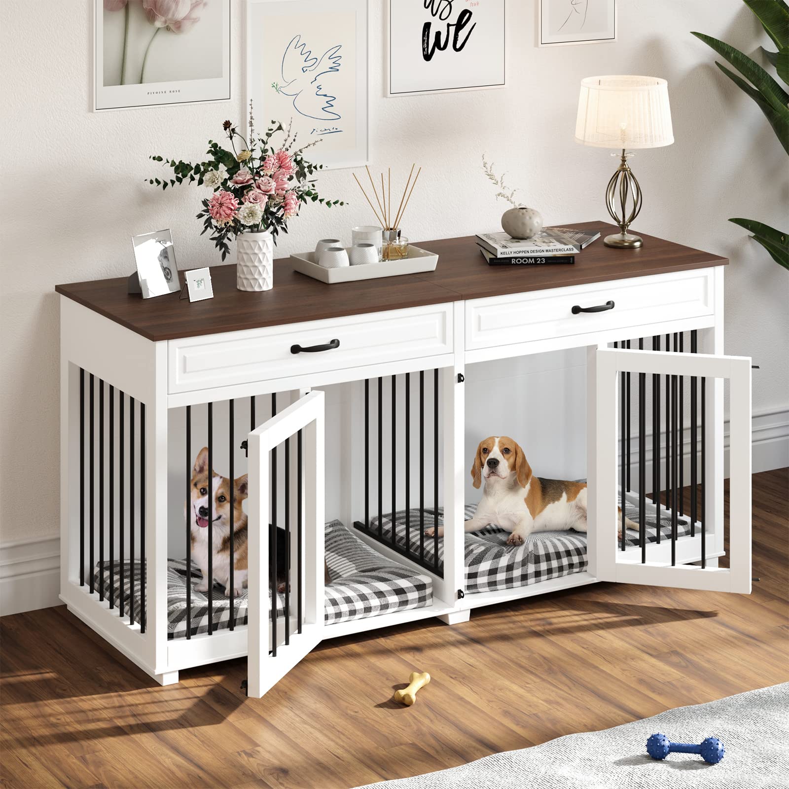 Super Large Dog Crate Furniture, 92.9  Wooden Dog Crate Kennel with 4 Drawers and Divider, XXXL Heavy Duty Dog Crates Cage Furni