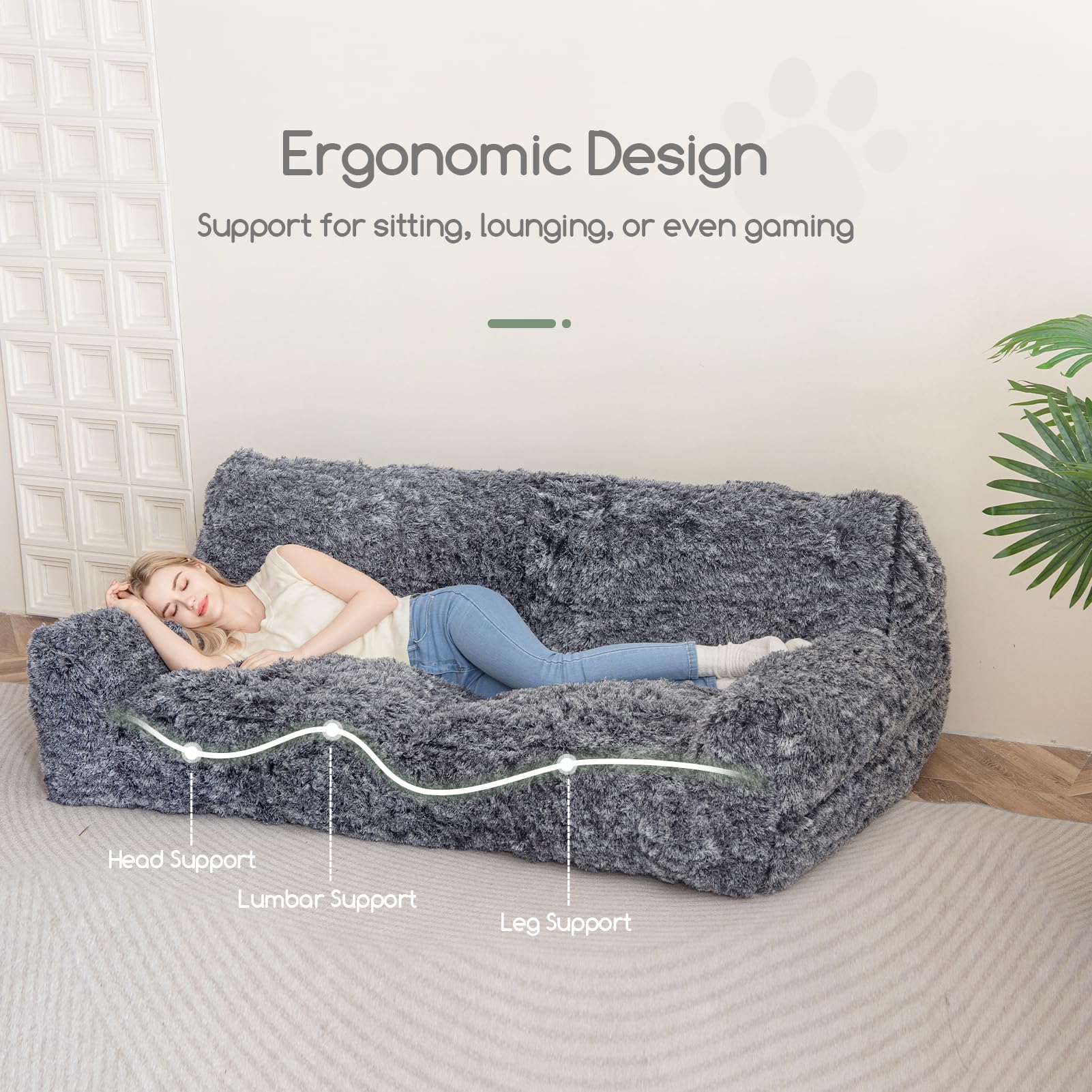 Higogogo Giant Human Dog Sofa Bed, Big Comfy Floor Sofa Couch For Pet Families With Foam Chunk Supportive Mat, Fluffy Faux Fur O