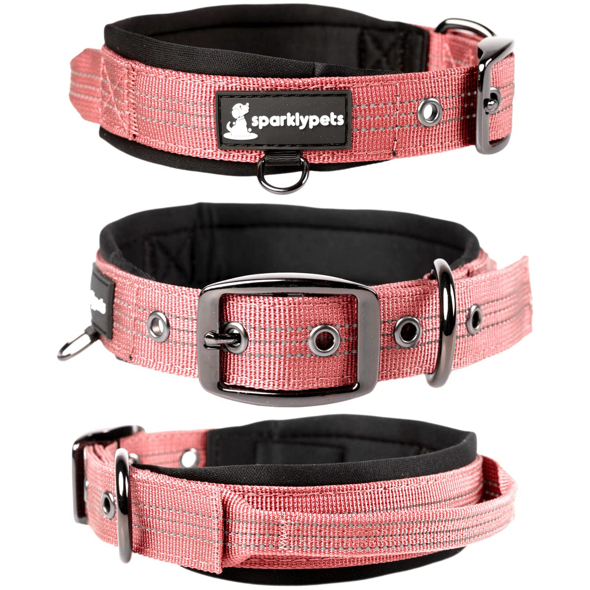 Sparklypets Heavy Duty Dog Collar With Handle For Medium And Large Dogs – Professional Collar With Reflective Stitches, Soft Handle & Nickel-Plated Buckle (Medium (14,5'~18,5'), Pink)