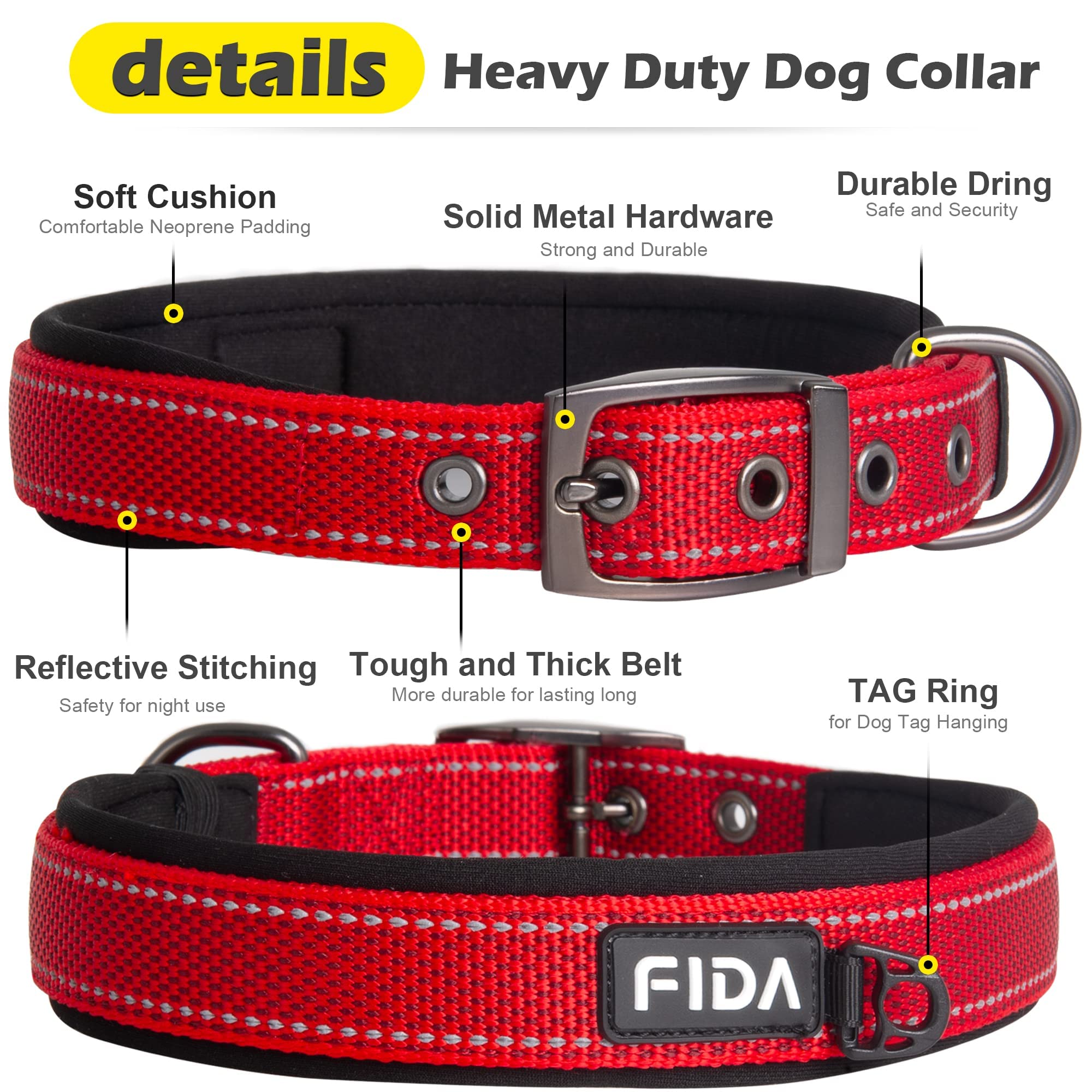 Fida Heavy Duty Dog Collar, Ultra Comfortable Soft Neoprene Padded, Adjustable Reflective Nylon Pet Collar With Durable Metal Belt Buckle For Small Breeds (S, Red)