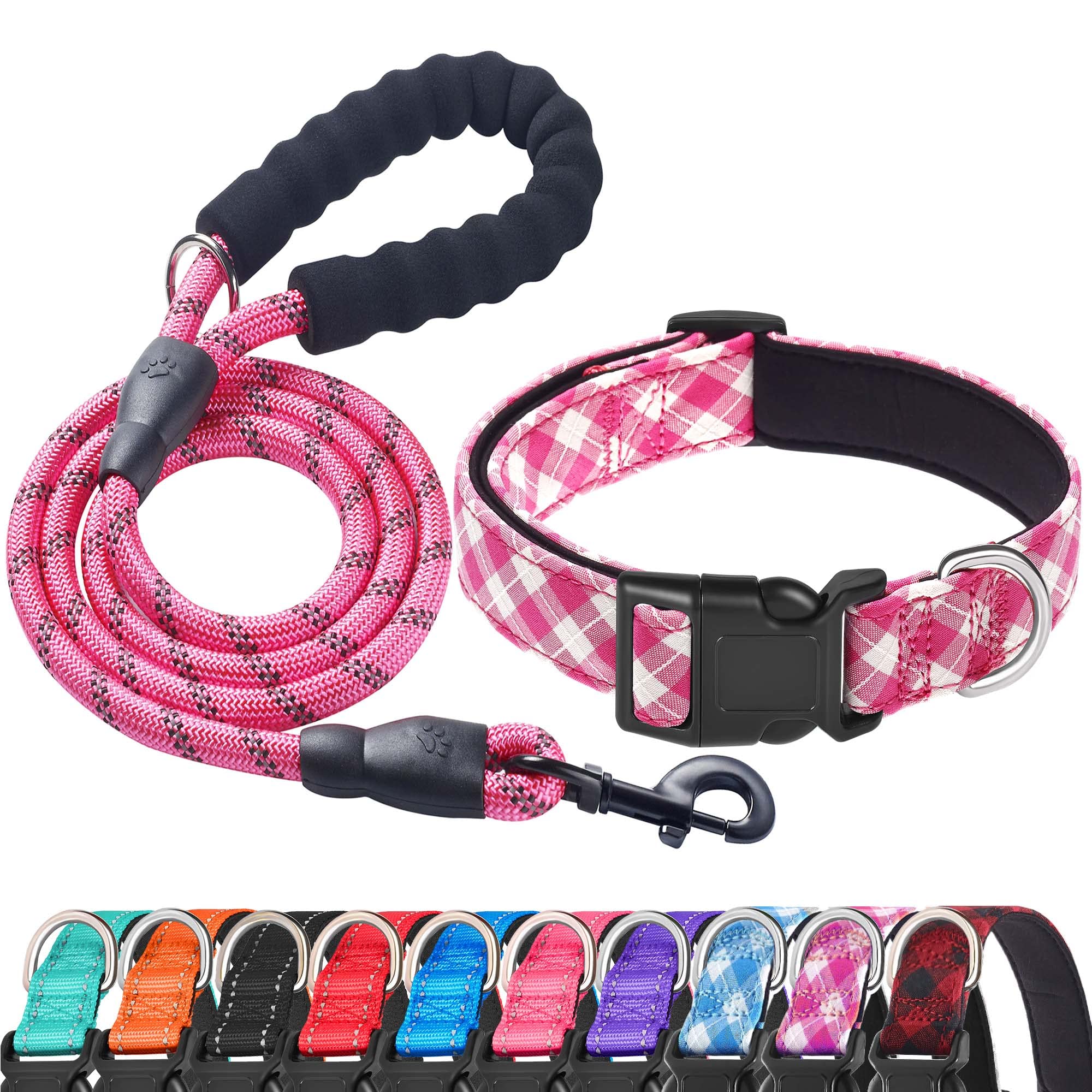 Ladoogo Reflective Dog Collar Padded With Soft Neoprene Breathable Adjustable Nylon Dog Collars For Small Medium Large Dogs (Medium (Pack Of 1), Pink Plaid Collar+Leash)