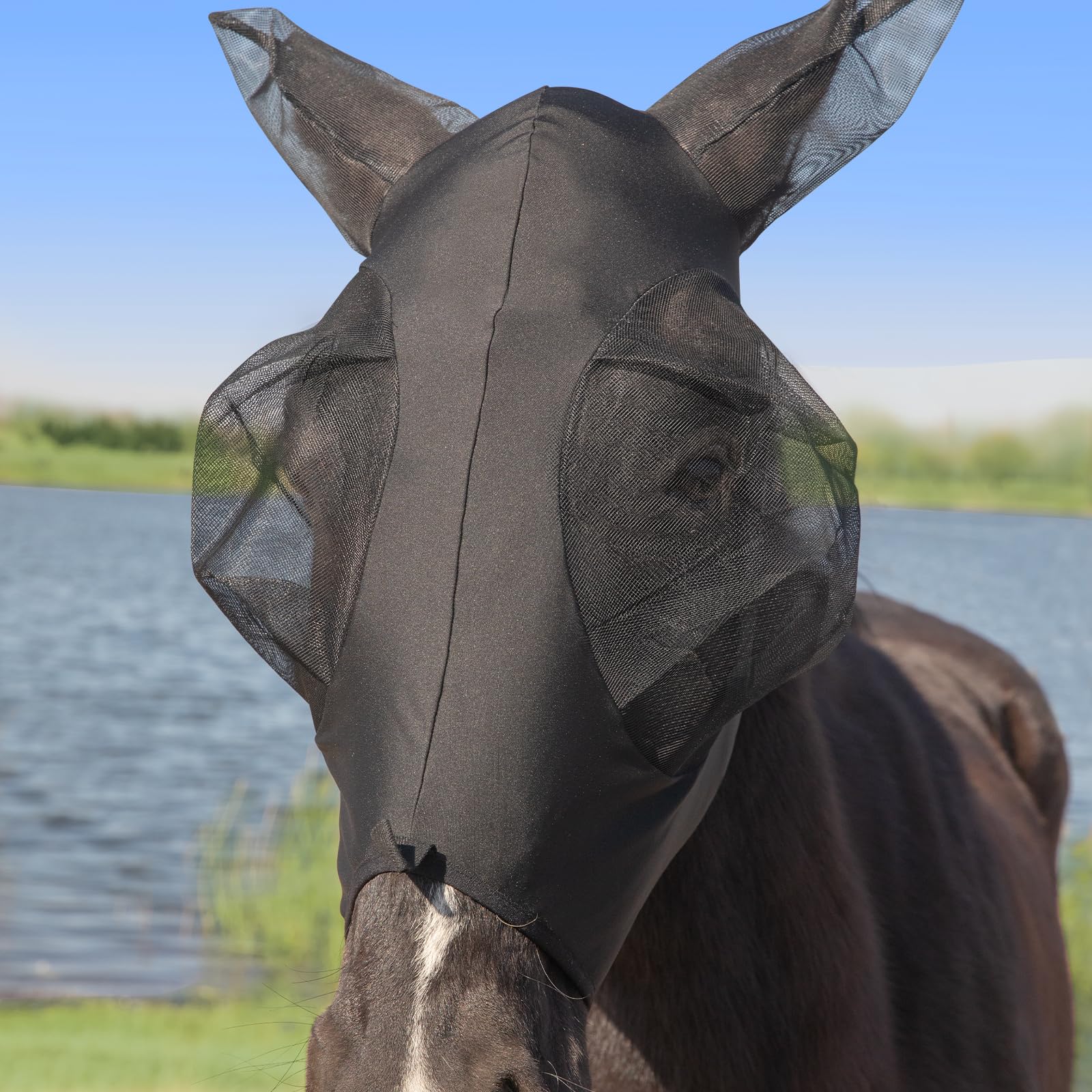 Stretchy Menjo Outdoors Horse Fly Mask with Ears, UV Protection for Horses, Breathable Comfortable Black Fly Mask Suitable for Q