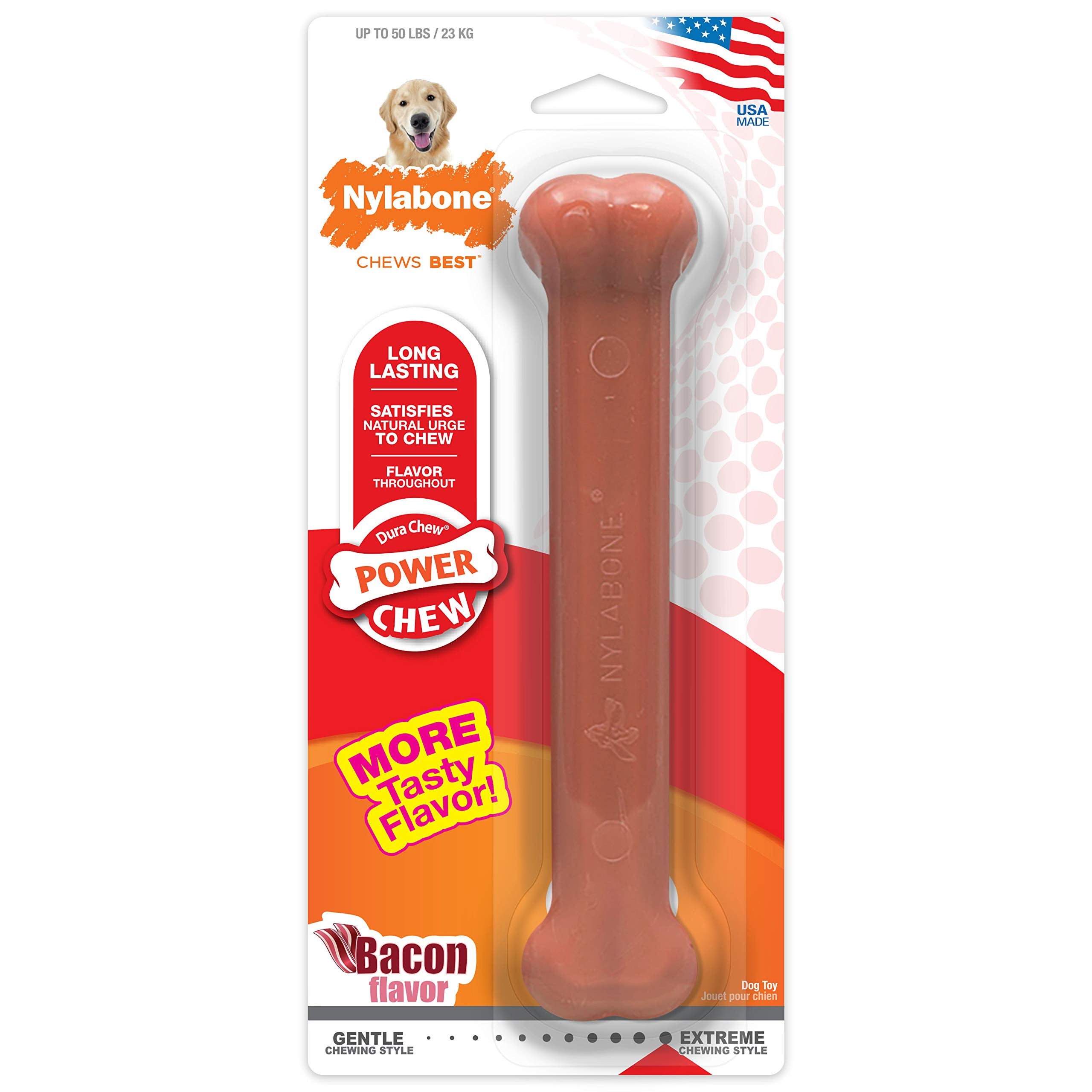 Nylabone Power Chew Classic Bone Chew Toy For Dogs, Durable Dog Toys For Aggressive Chewers, Bacon Flavor, Large/Giant - Up To 50 Lbs. (1 Count)