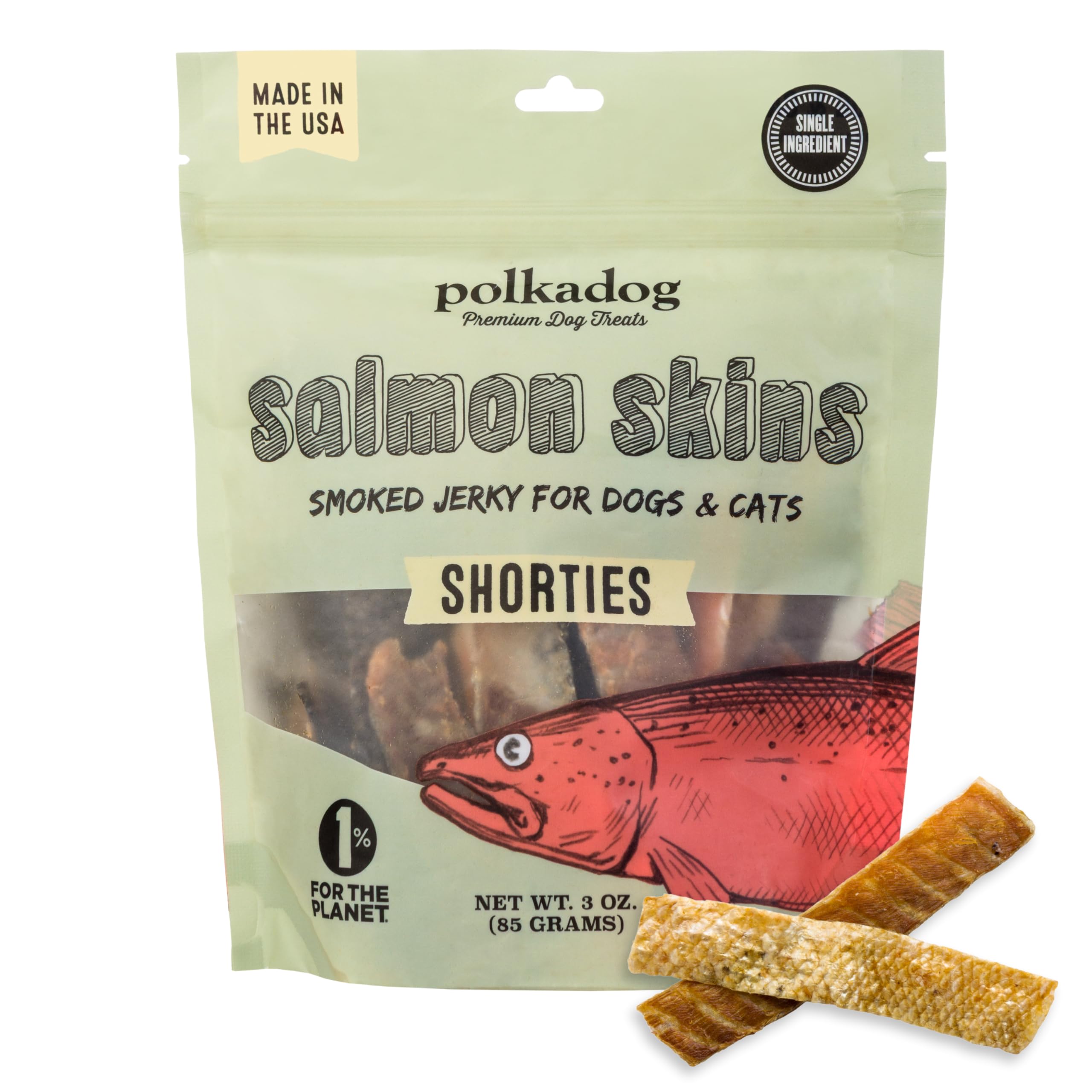 Polkadog Salmon Skins Shorties - All-Natural Dog Treats - Made in USA, Single Ingredient, Omega-3 Rich, Grain-Free & Hypoallerge