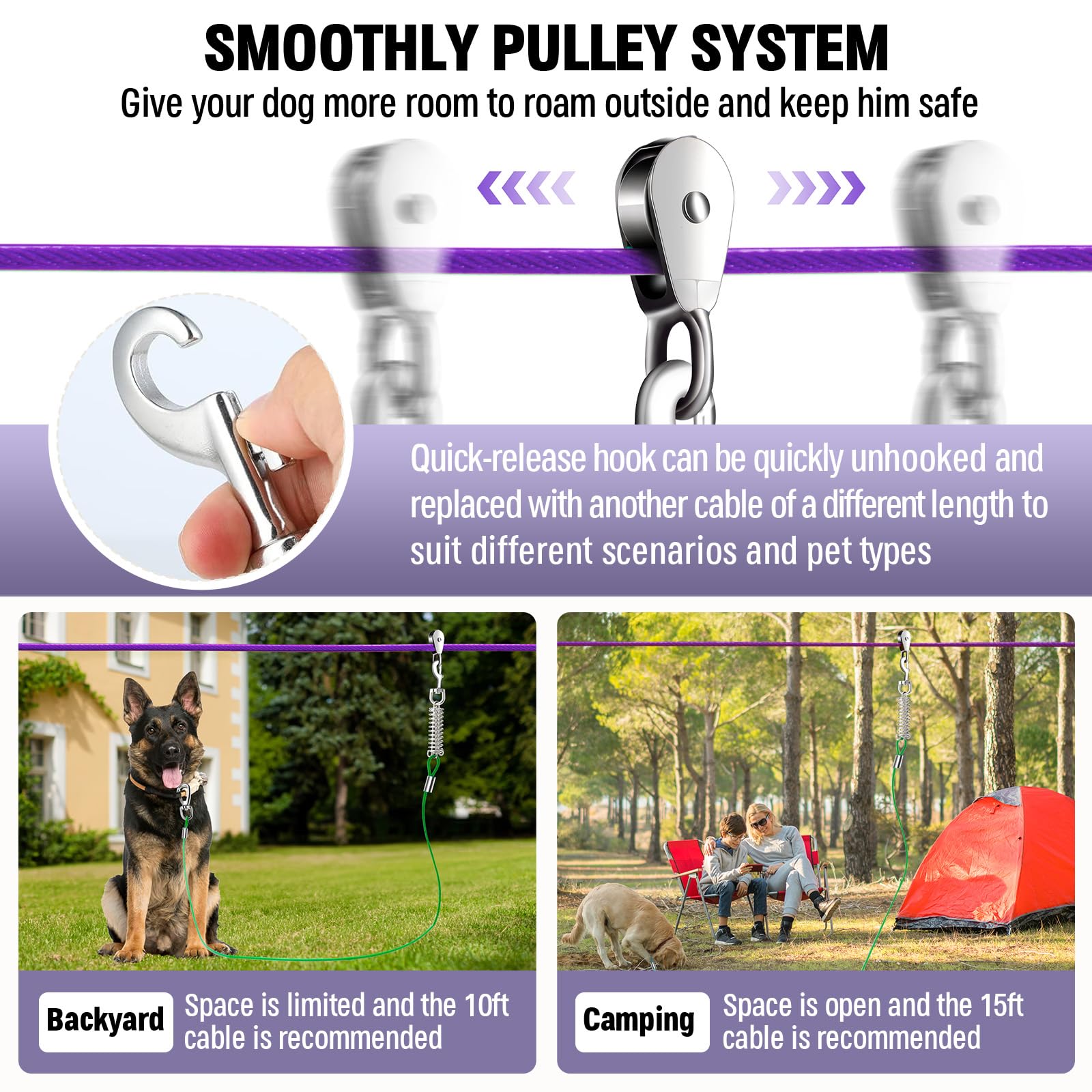 Upgraded Heavy Duty Dog Trolley System - 50Ft Lead With 10Ft & 15Ft Tie Out Cables For Large Dogs Up To 250Lbs - Ideal For Backy