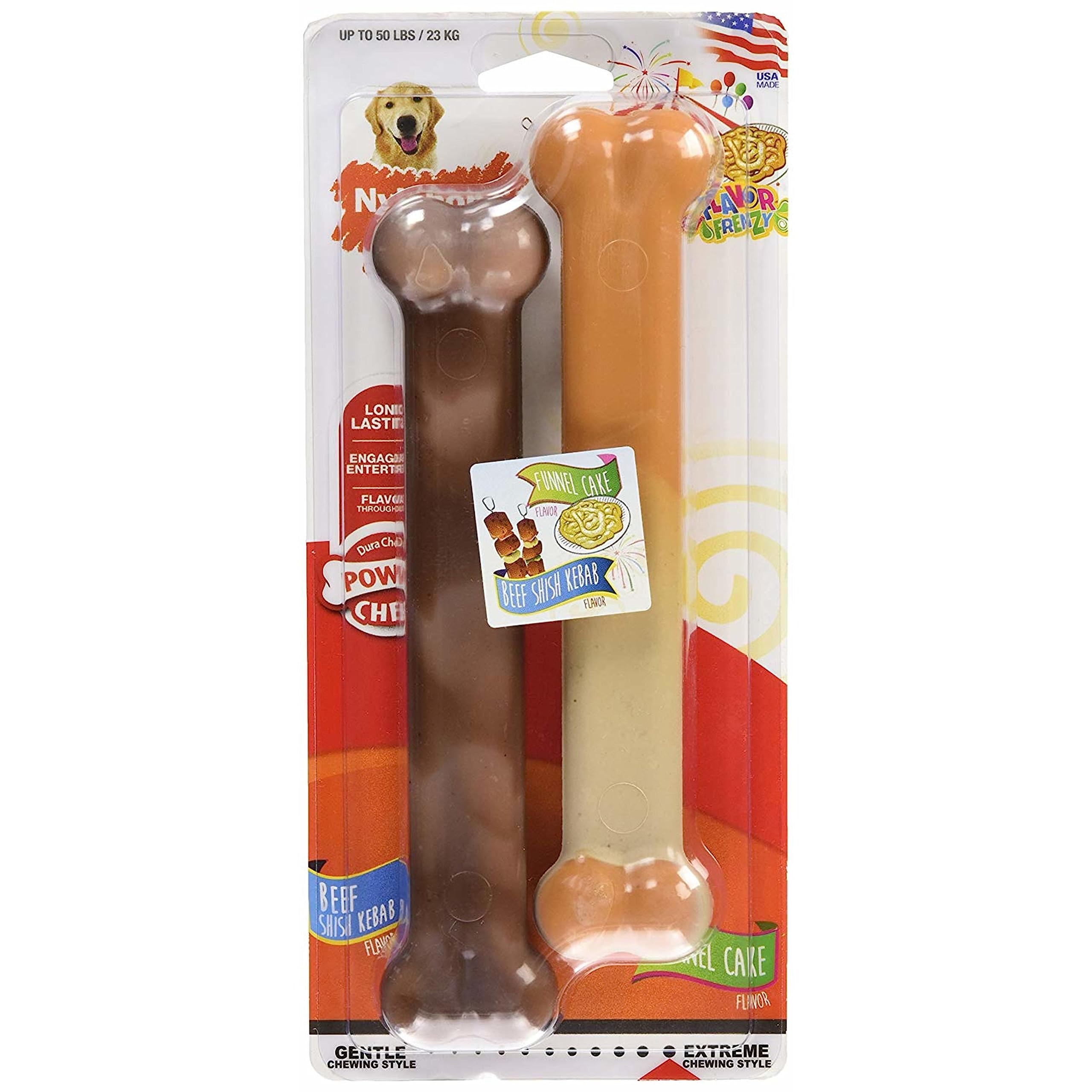 Nylabone Original Bone Power Chew Toy For Dogs, Durable Dog Toys For Aggressive Chewers, Flavor Frenzy Funnel Cake & Shish Kabob Flavor, Large - Up To 50 Lbs, 2 Pack