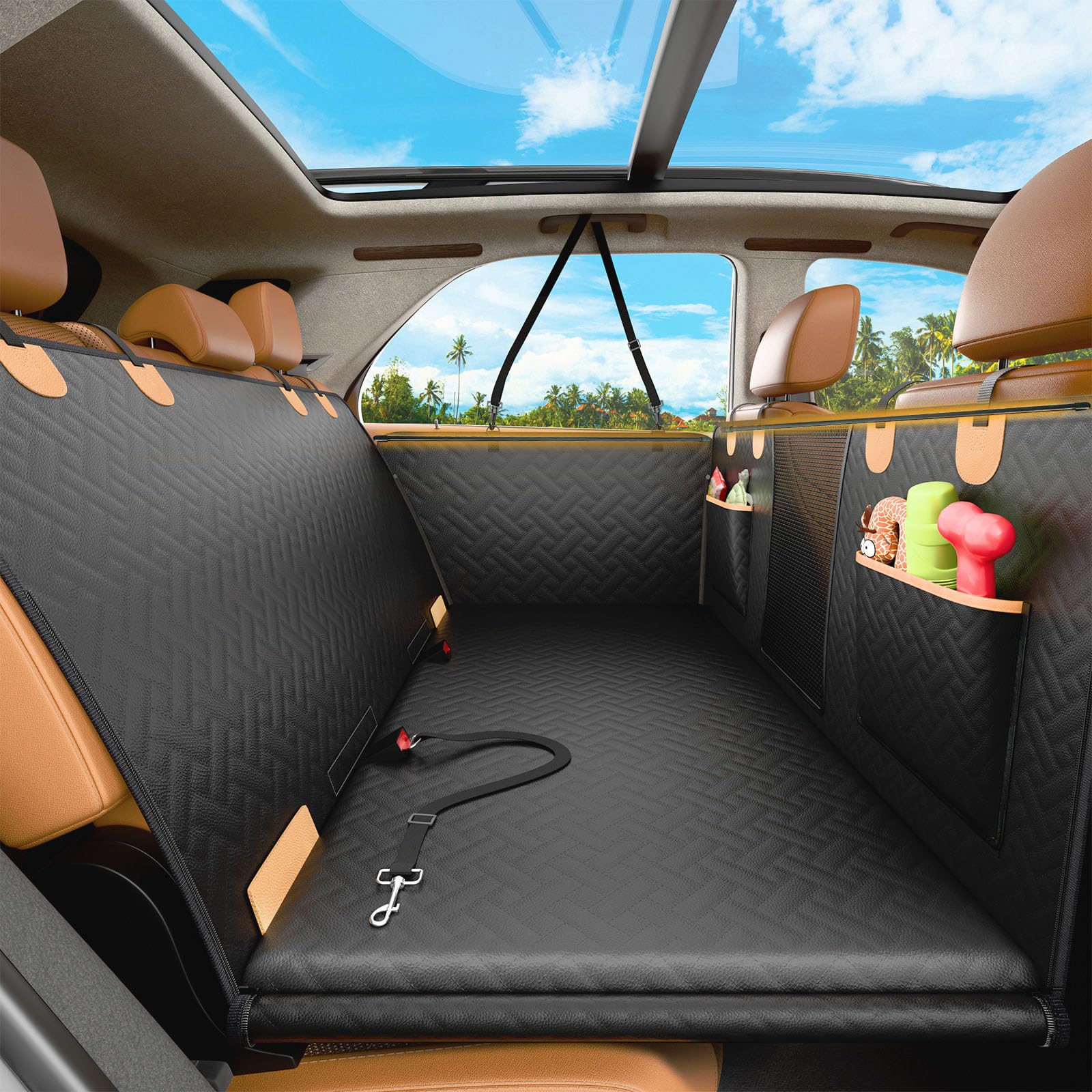 Rincus Anti Slip Pu Leather Rigid Dog Car Seat Cover With Baby Car Seat, Structured Back Seat Extender For Dogs Hard Bottom Hold