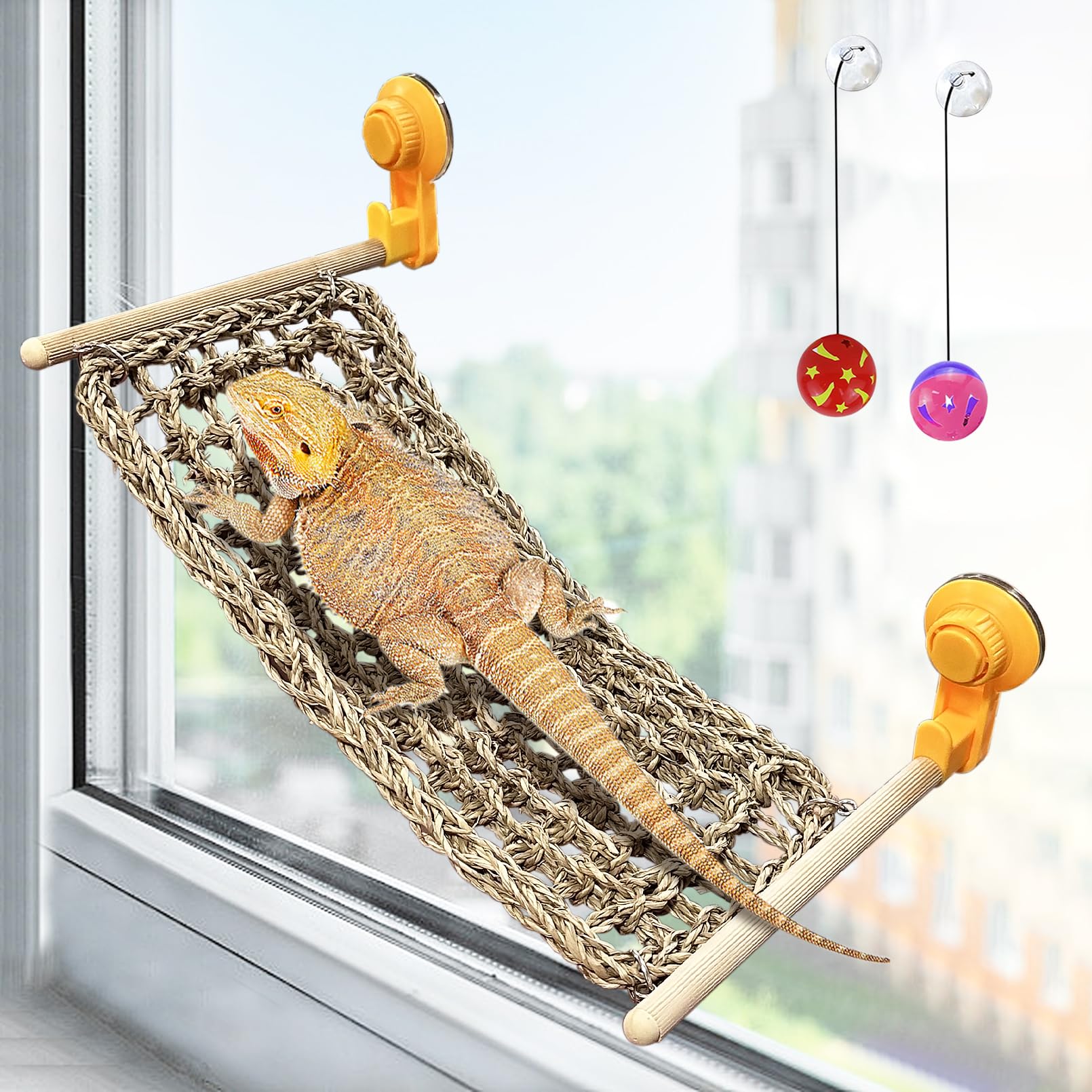 VCEPJH Bearded Dragon Window Perch Reptile Window Hammock Natural Seagrass Lizard Lounger Bed with Powerful Suction Cups Climbin