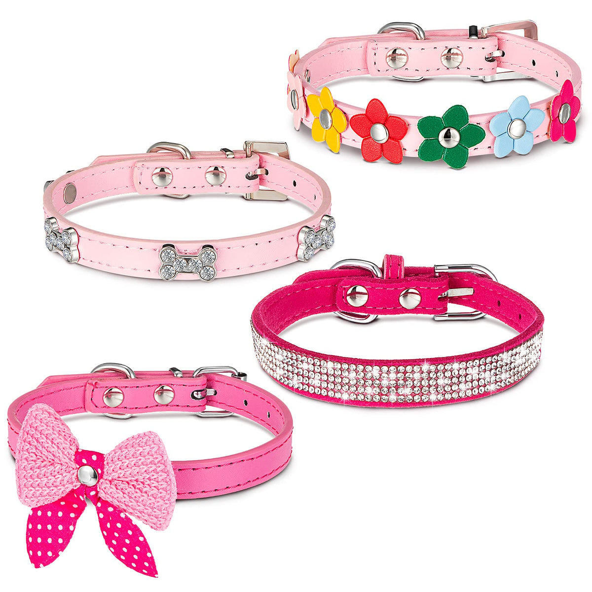 4 Pcs Pink Dog Collar Spiked Studded Dog Collars Pearls Dog Necklace Dog Collar With Rhinestone Bow Knot Crystal Diamond Colorfu