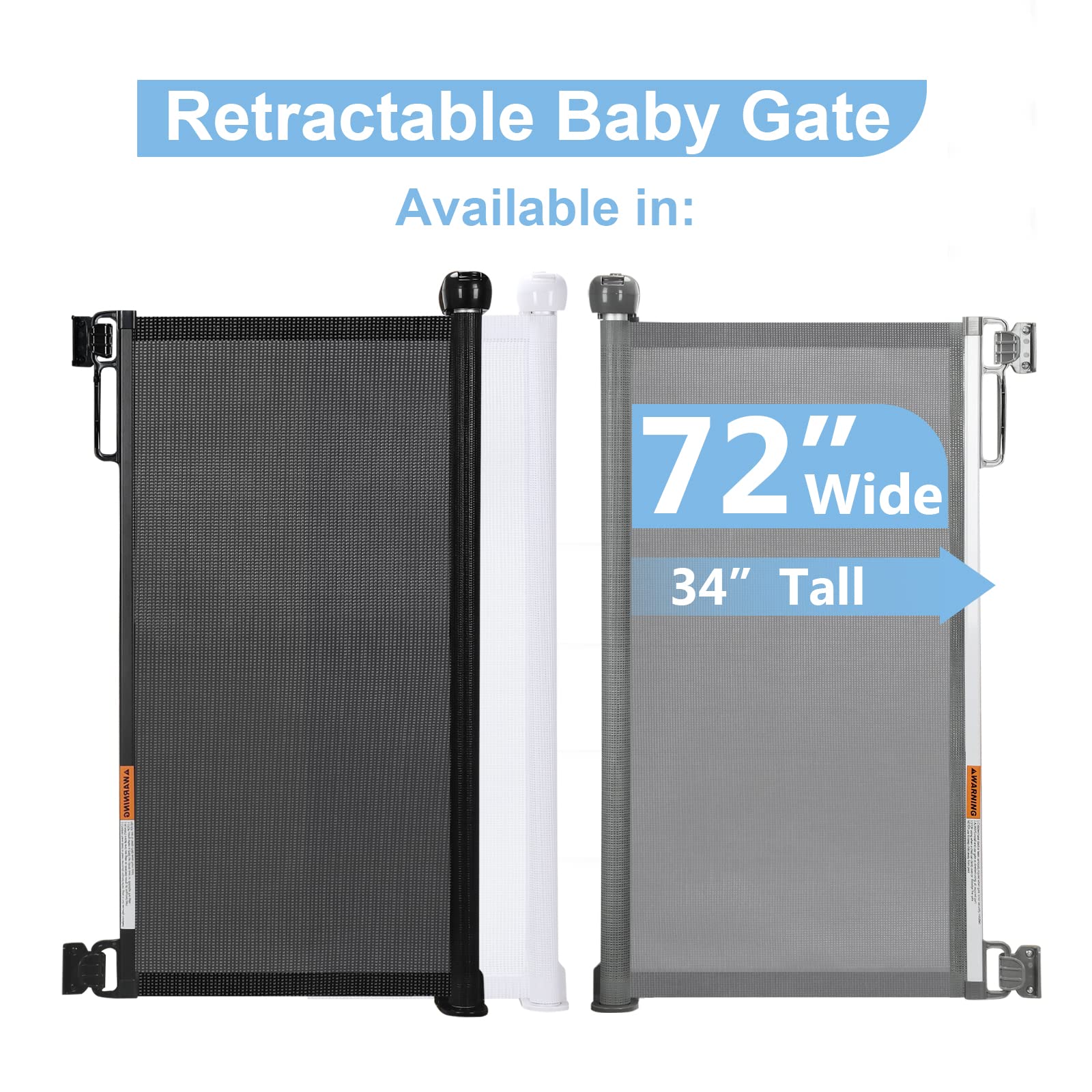 PRObebi Retractable Baby & Pet Gate - 34'' Tall, Extends to 72'' Wide, Mesh Gate for Doorways, Stairs, Hallways, Indoor/Outdoor