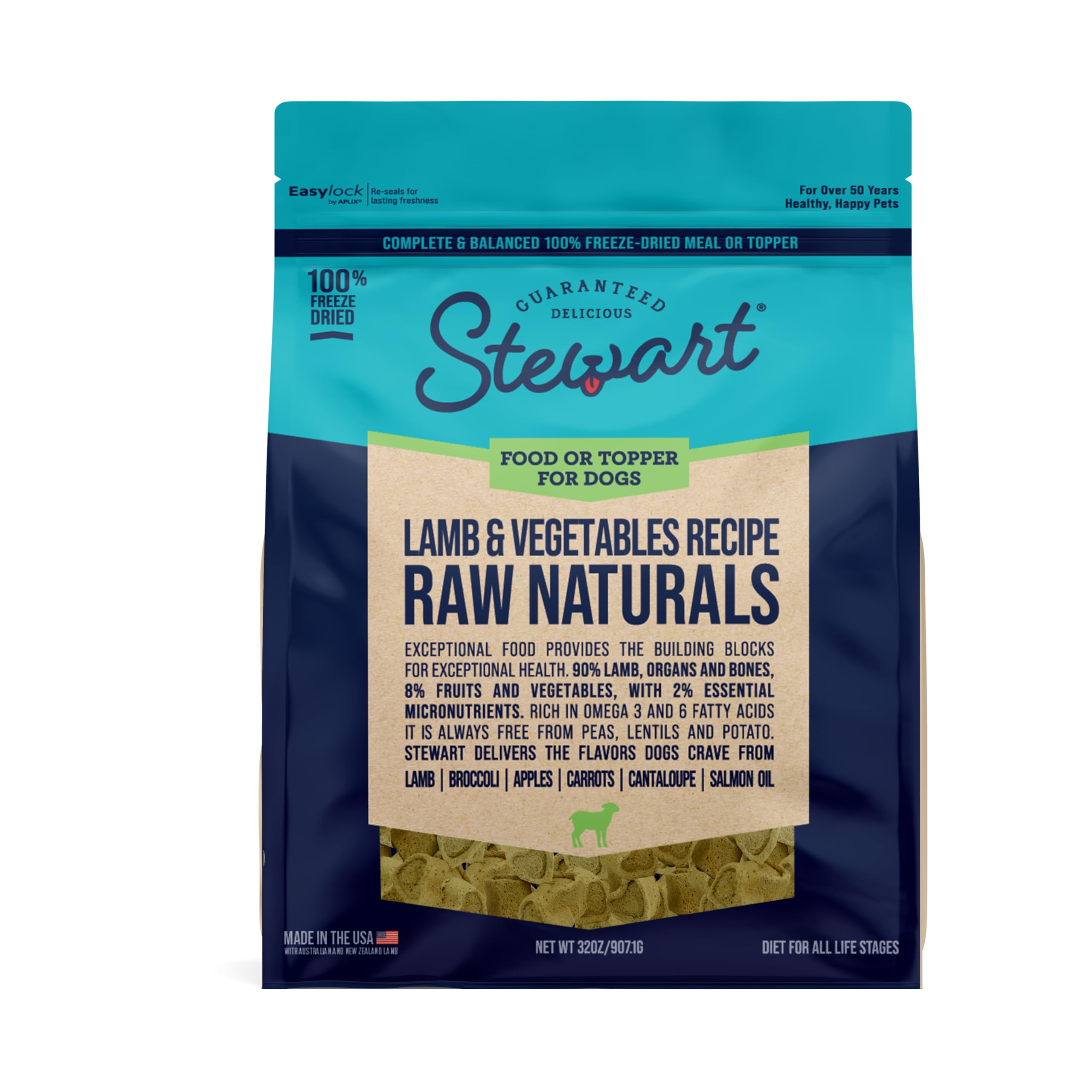 Stewart Raw Naturals Freeze Dried Raw Dog Food or Meal Topper, Lamb & Vegetables Recipe, 32 Ounce Bag, Complete and Balanced Nut