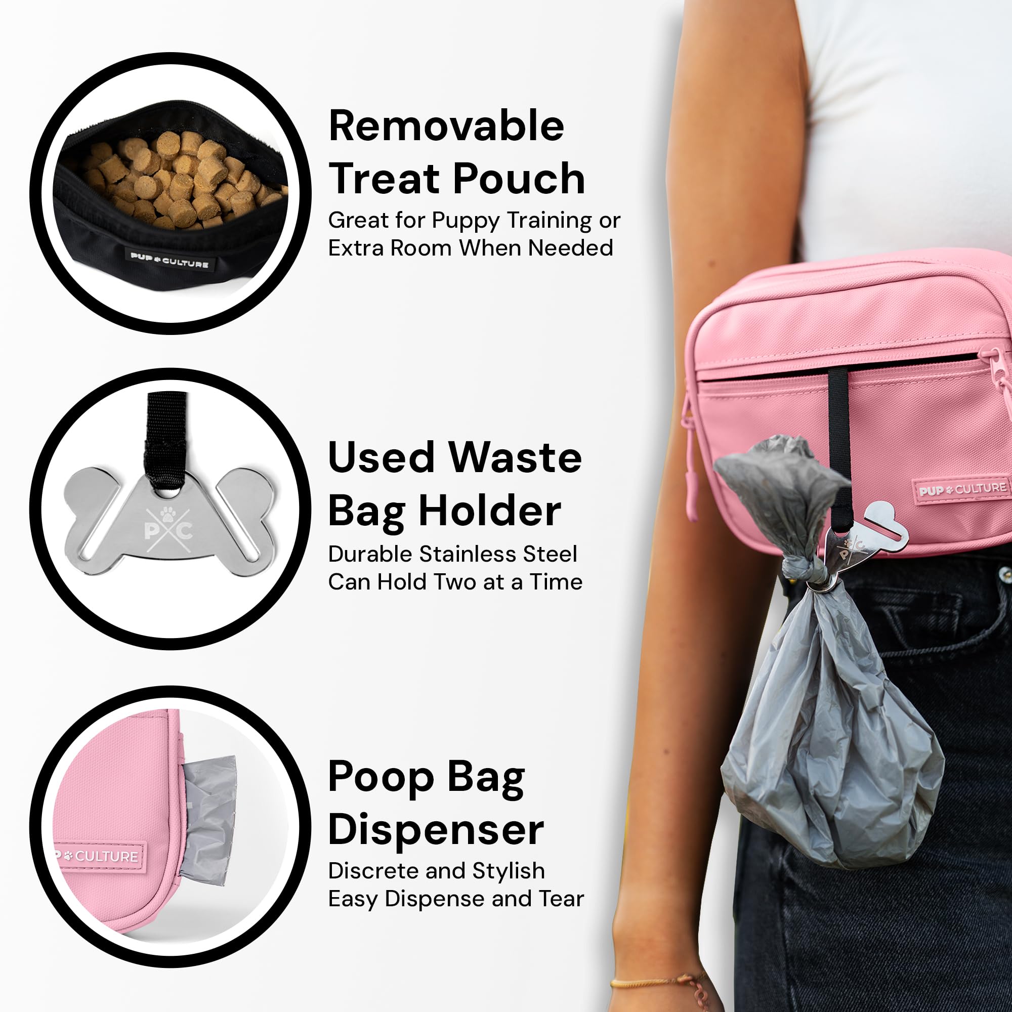 Pup Culture Dog Training Treat Pouch with Poop Bag Dispenser - Pink, Model PC-DTB-PINK, Removable, Stylish, Durable Textile Material