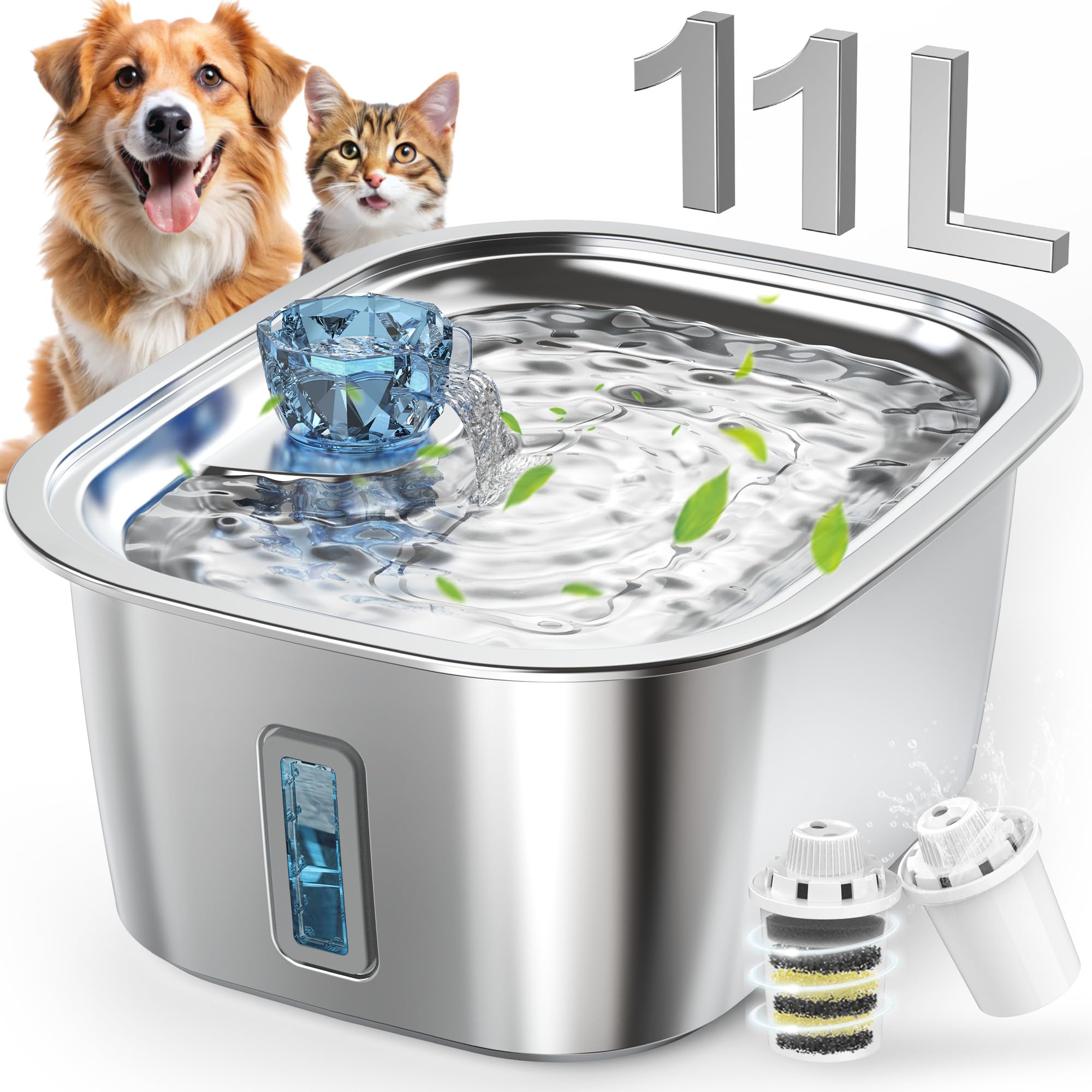 Lesotc 3 Galon Stainless Steel Dog Water Fountain For Large Dogs, Pet Water Fountain With 2 Filters, Automatic Dog Fountain Dog 