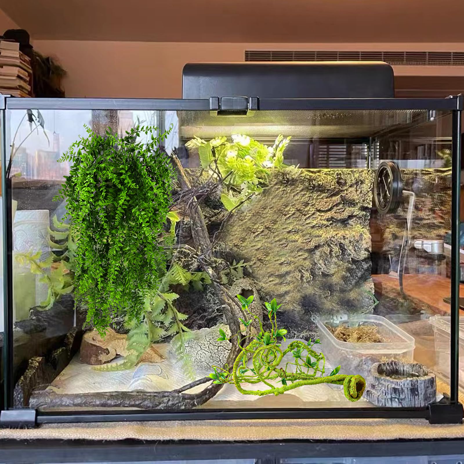 Grddaef Reptile Vines Plants for Terrarium, Flexible Vines Jungle Climbing Branch with Leaves Tank Decor for Snakes Bearded Drag