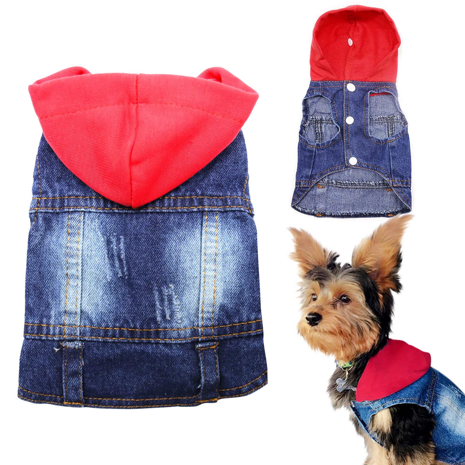 Sild Pet Clothes Dog Jeans Jacket Cool Blue Denim Coat Small Medium Dogs Lapel Vests Classic Hoodies Puppy Blue Vintage Washed Clothes (Red,Xl)
