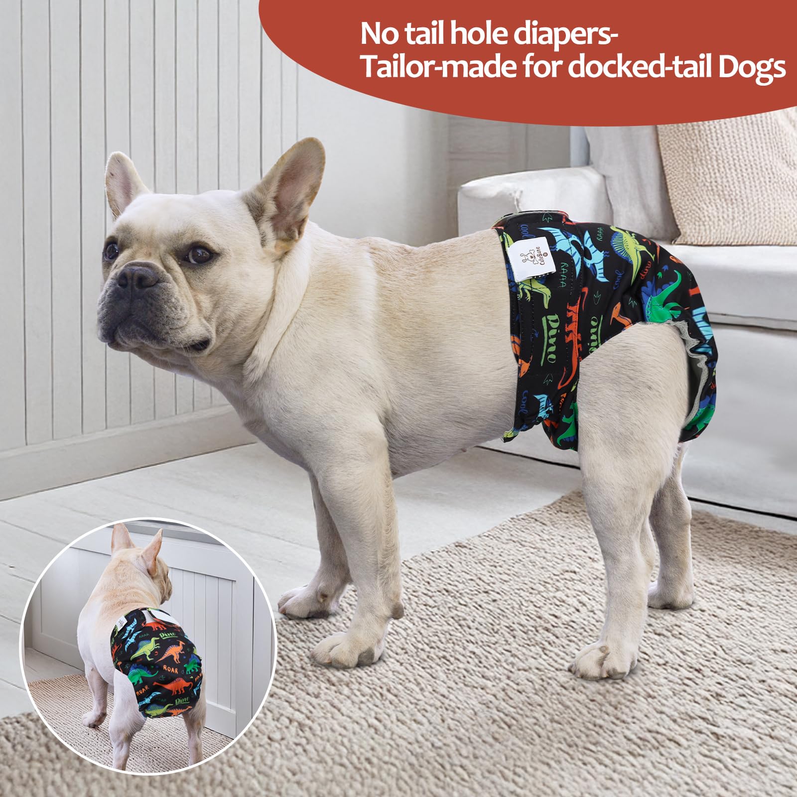Cutebone Washable Dog Diapers Female Without Tail Hole 3 Pack Reusable Doggie Period Training Pants For Docked-Tail Dogs - Frenc