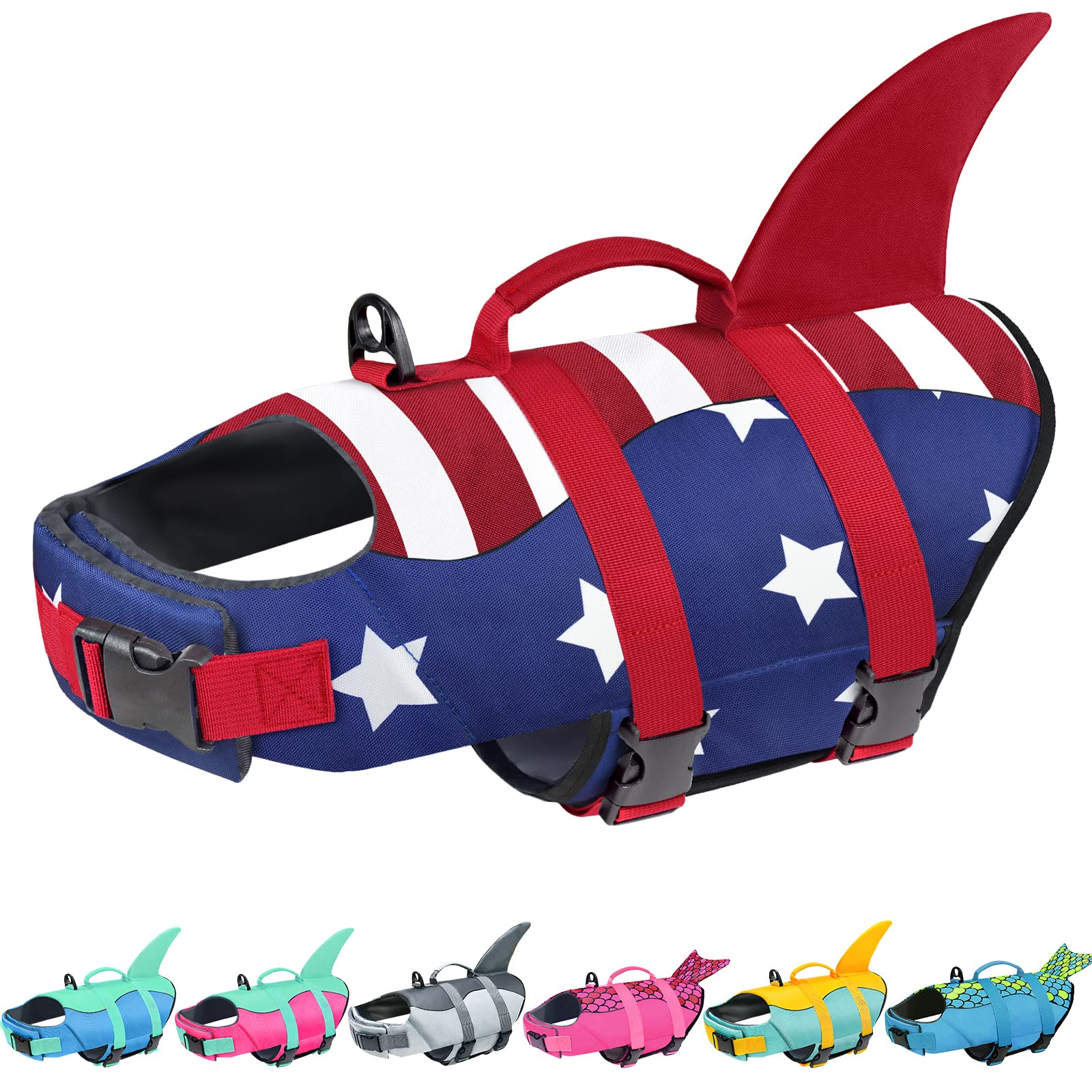 Malier Dog Life Jacket, Ripstop American Flag Dog Life Vest For Swimming Boating, Shark Puppy Lifesaver With High Buoyancy Swims