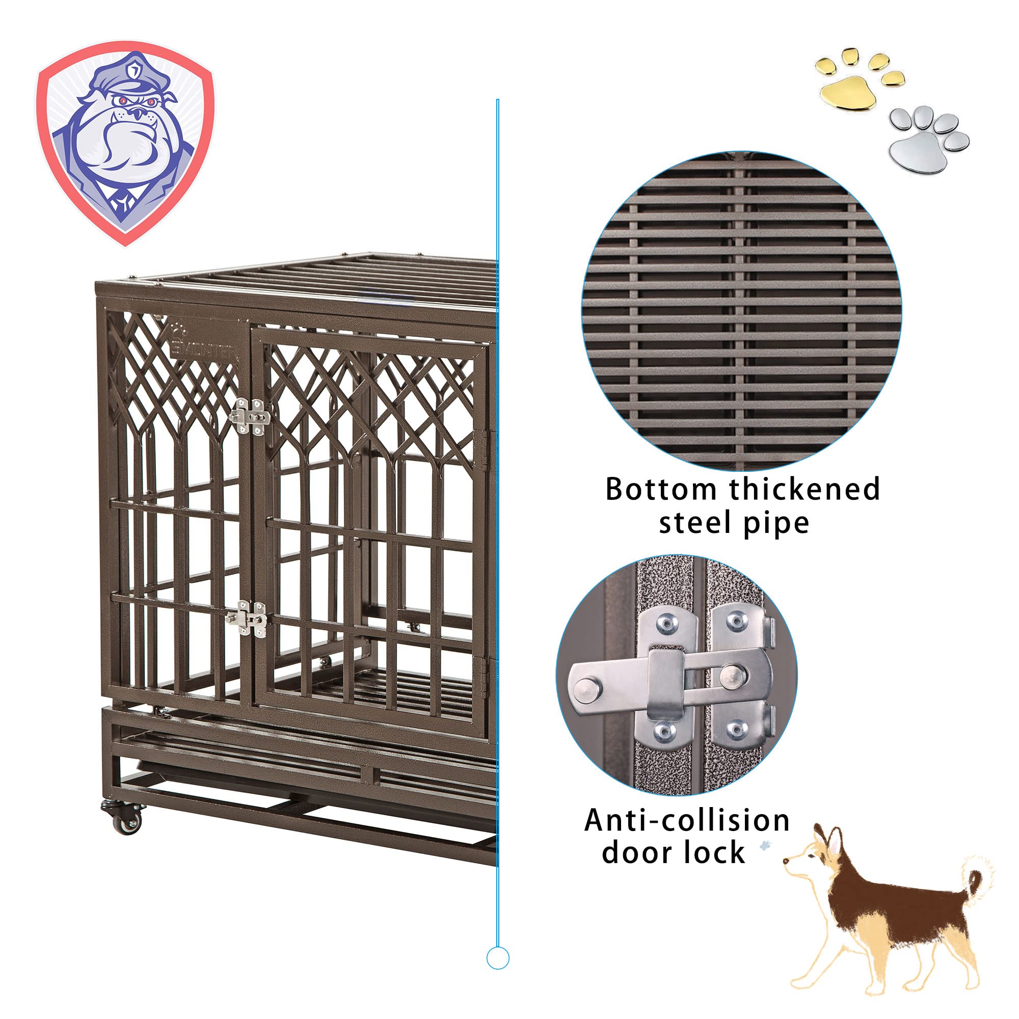 Smonter 38In Heavy Duty Strong Metal Dog Cage Pet Kennel Crate Playpen With Wheels, Y Shape, Brown