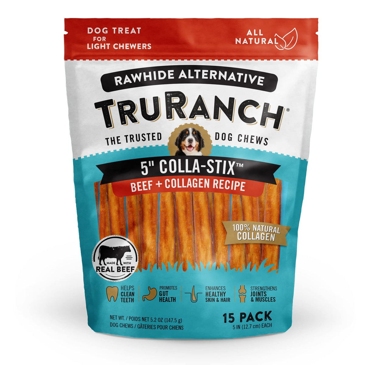 Truranch All-Natural Rawhide Alternative Dog Treats, 5' Sticks (Beef), With Hydrolyzed Collagen 50% Protein, Healthy Treats, Limited Ingredients Dog Chew, For Small, Medium, And Large Dogs