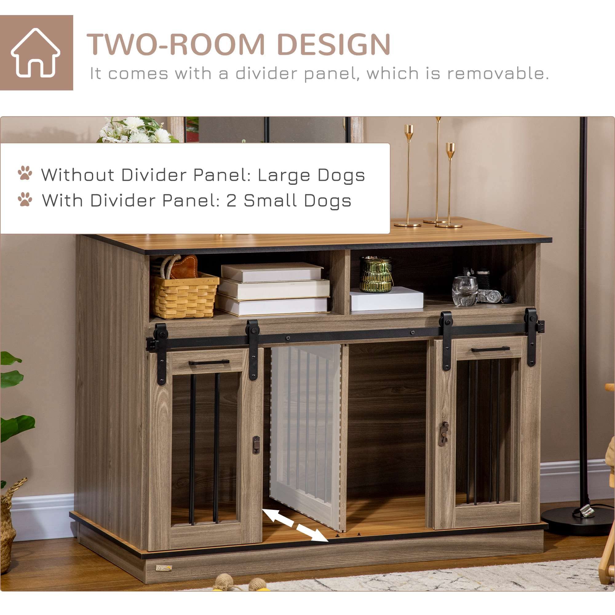 PawHut Dog Crate Furniture for Large Dogs or Double Dog Kennel for Small Dogs with Shelves, Sliding Doors, 47 x 23.5 x 35, Oak