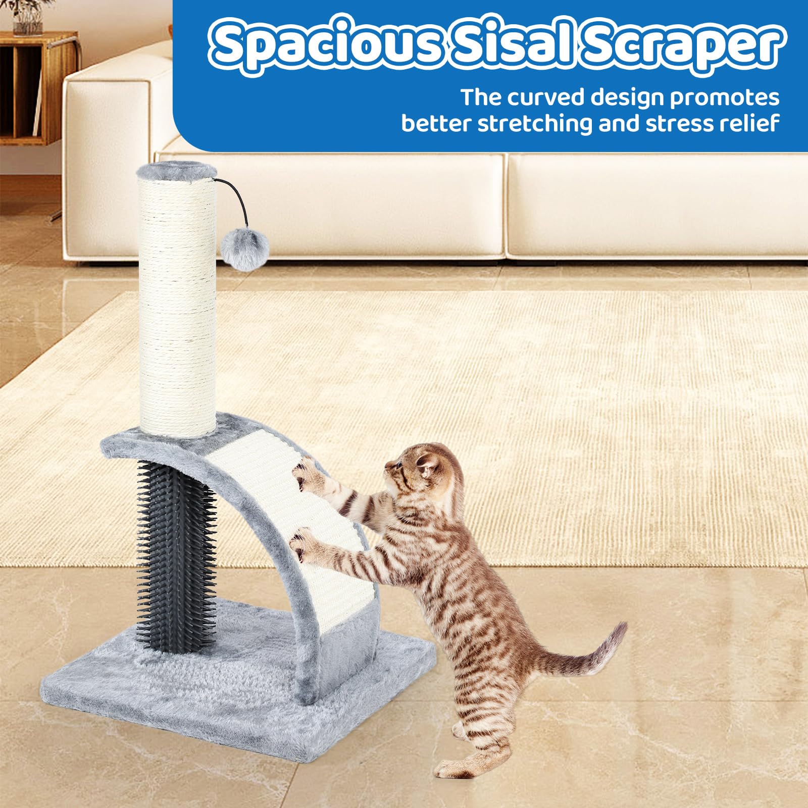 Tall Cat Scratching Post with Groomer, 19.6 Scratching Post with Wood Frame, Stable Sisal Cat Post with Extra Interactive Dangli