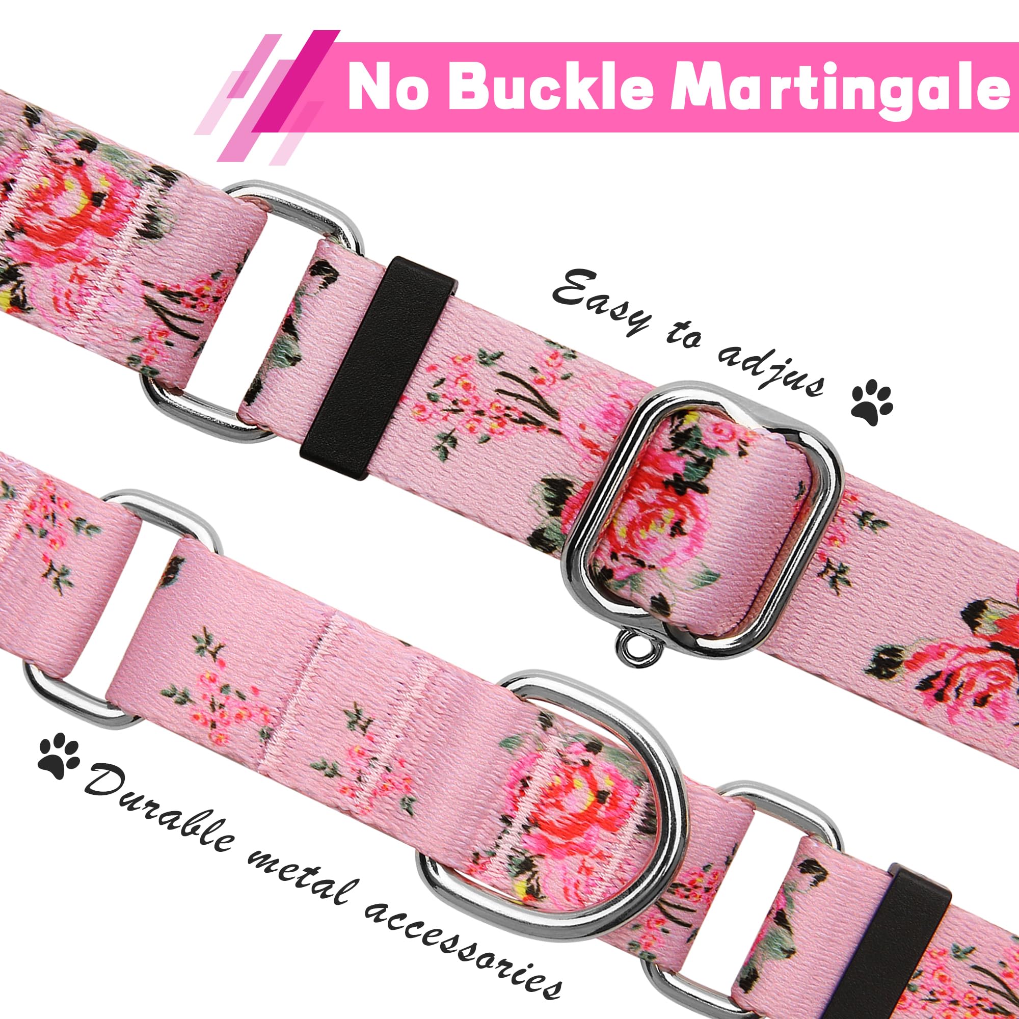 Hikiko Martingale Collar For Dogs With No Buckle Pink Floral Female Dog Collar Cute Girl Dog Collars For Small Dogs,Pink Rose,S