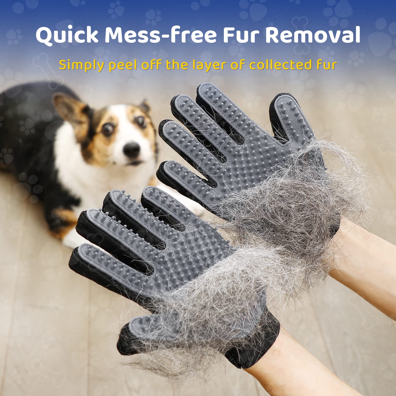 Upgrade Version Pet Grooming Glove - Gentle Deshedding Brush Glove - Efficient Pet Hair Remover Mitt - Enhanced Five Finger Design - Perfect For Dog & Cat With Long & Short Fur - 1 Pair (Gray)