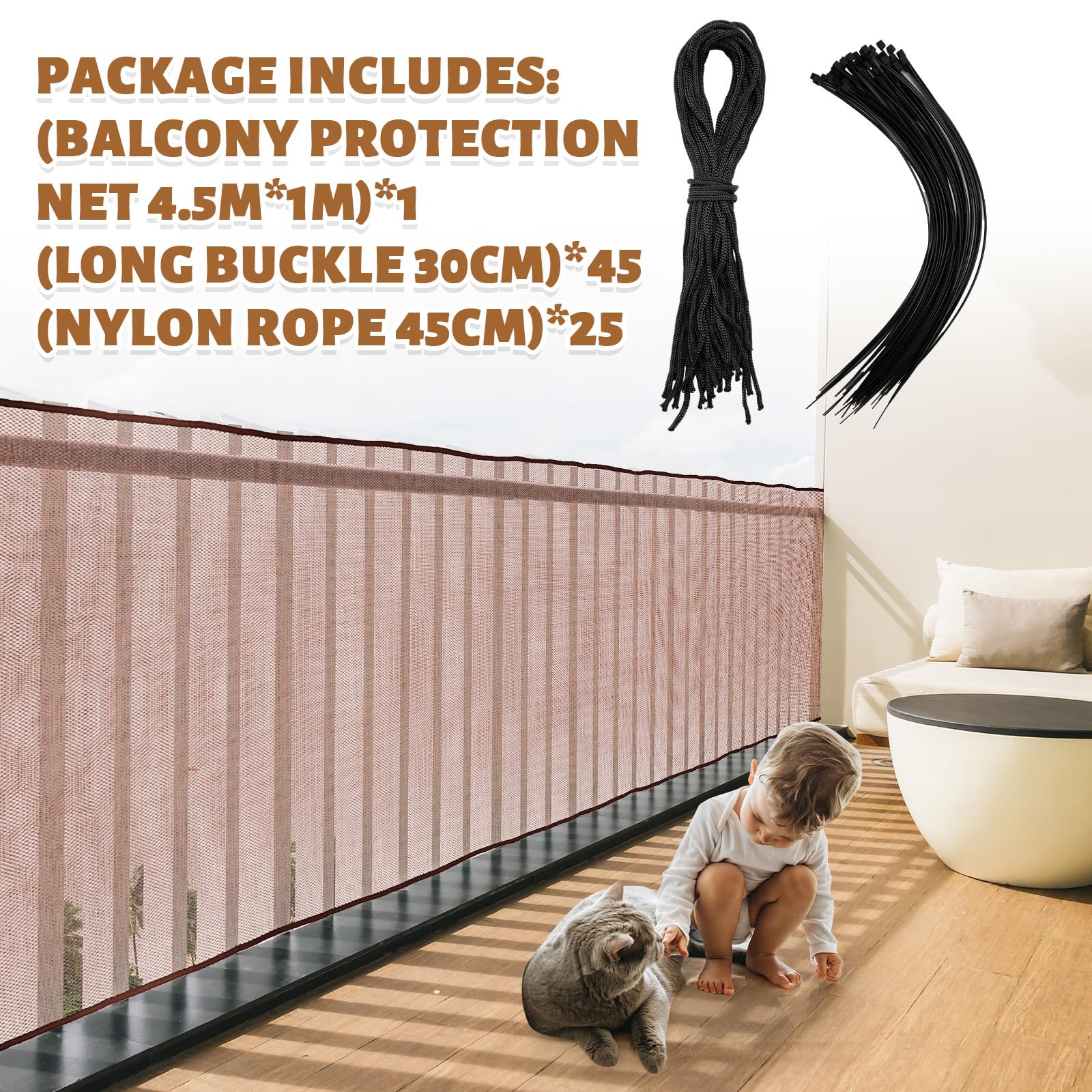 Hosuly Banister Guard 15 x 3.3 ft Balcony Netting for Kids Pets Stairway Safety Net Baby Fence Door Balcony Netting Safety Mesh