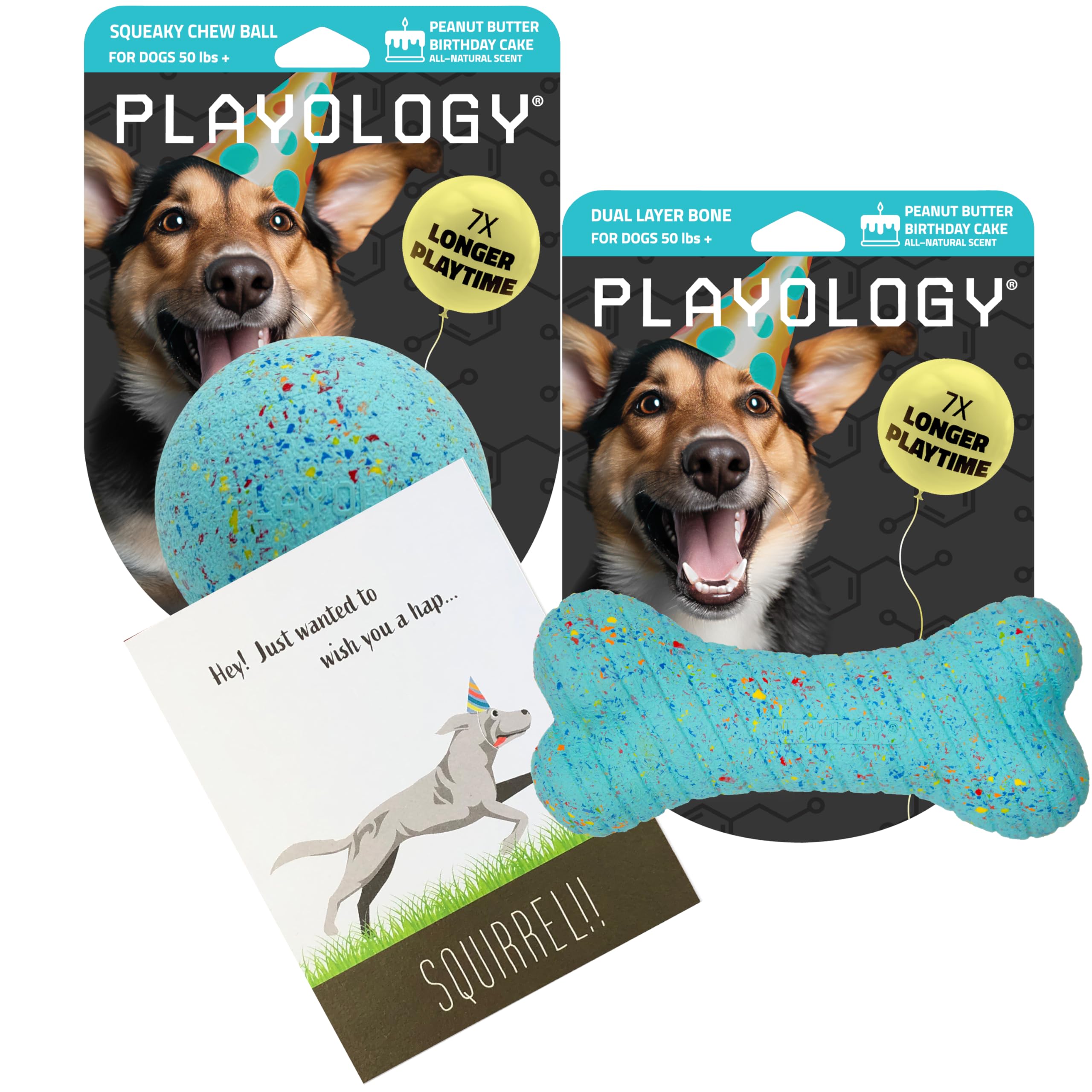Playology Birthday Pack Dog Toys For Large Dogs | All-Natural Peanut Butter Birthday Cake Scented Gift Bundle | 1 Squeaky Chew B