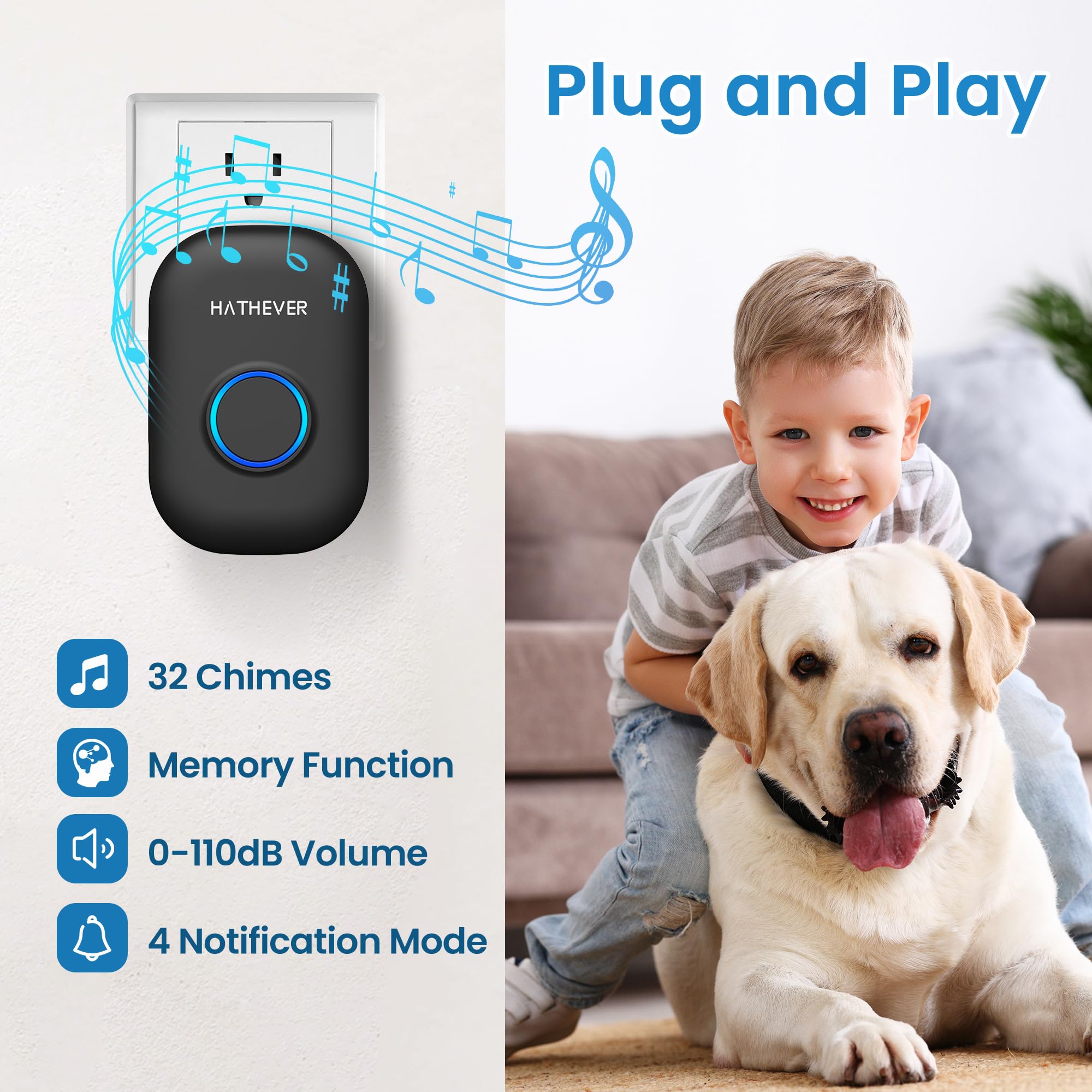 Hathever Wireless Dog Door Bell - 1000ft Range, IP65 Waterproof, 32 Melodies, 2 Receivers + 2 Buttons, Model PB-22C, Black