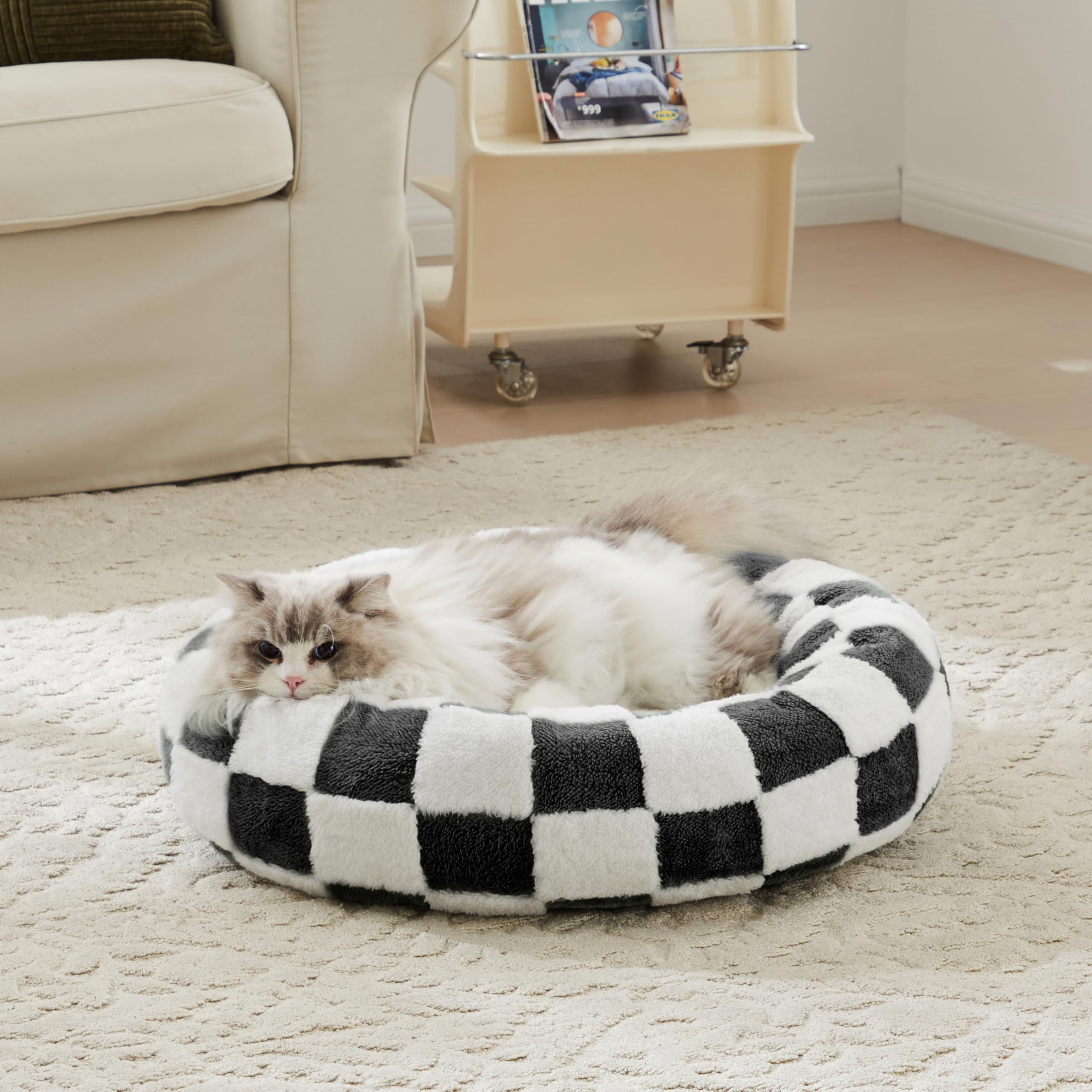 Ohocut Checkered Cat Dog Bed, Cute Black White Retro Style Aesthetic Round Warming Pet Calming Beds For Small Dog And Cats, Plus