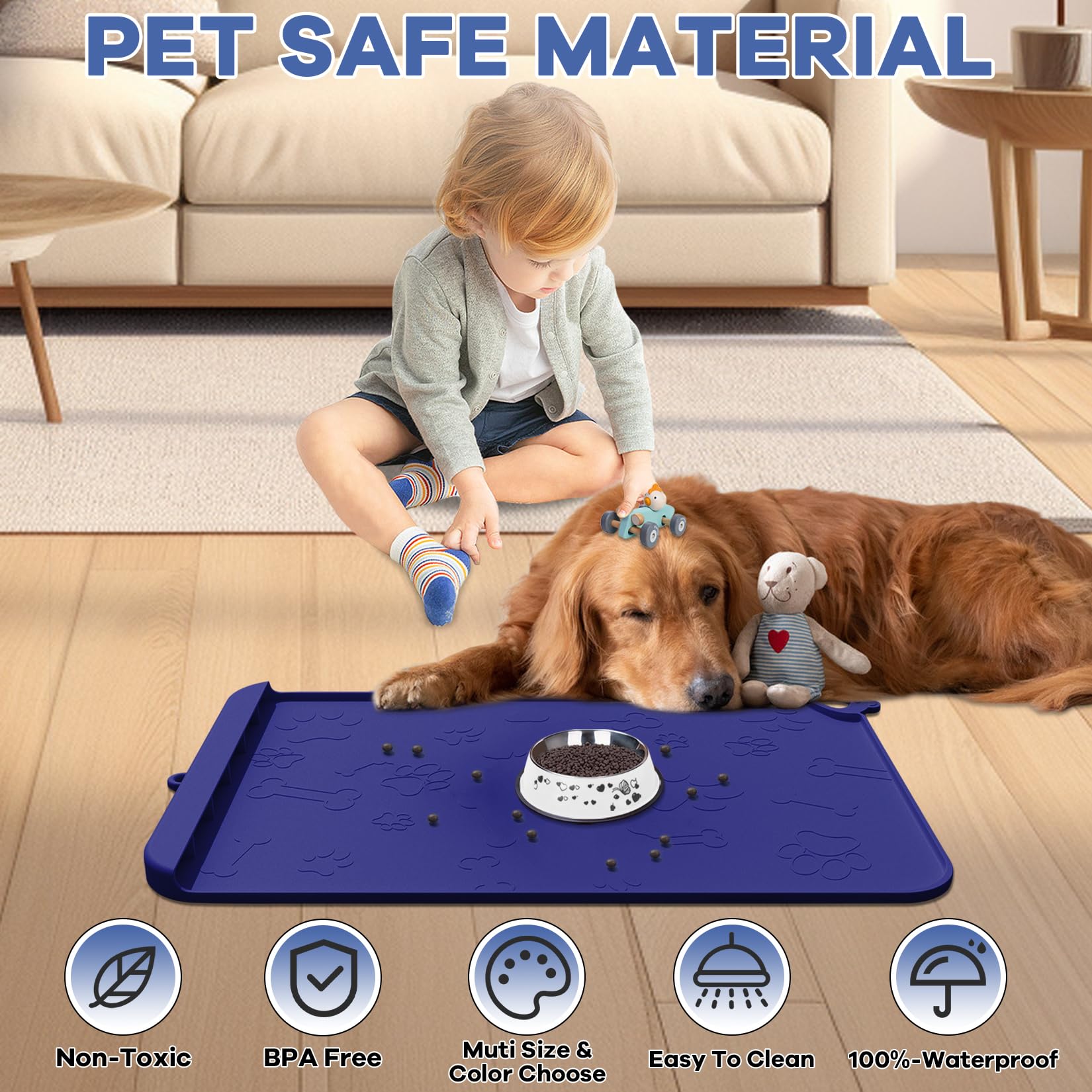 Zirwti Pet Feeding Mat, Silicone Dog Cat Bowl Mats With Edge, Waterproof Non-Slip, Easy Clean, Navy Blue, 18''X12''