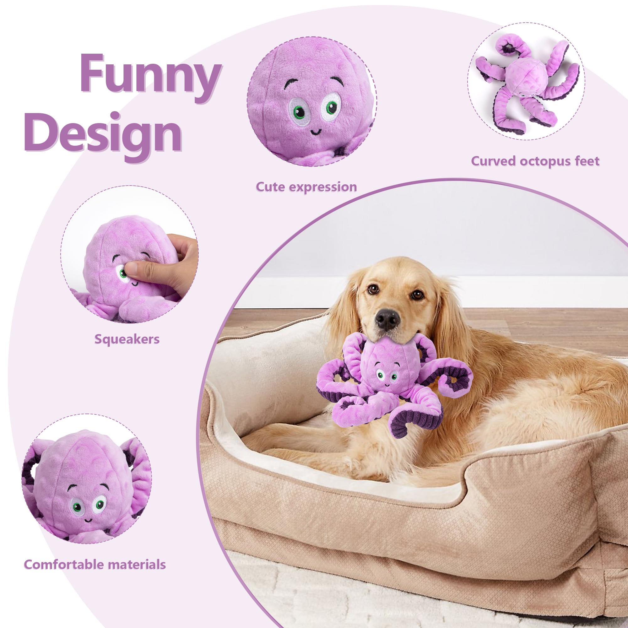 Dog Toys for Large Breed, Octopus Squeaky Funny Cute Interactive Medium & Small Dog Toys, Stuffed Plush Animals Puppy Toys, Dog