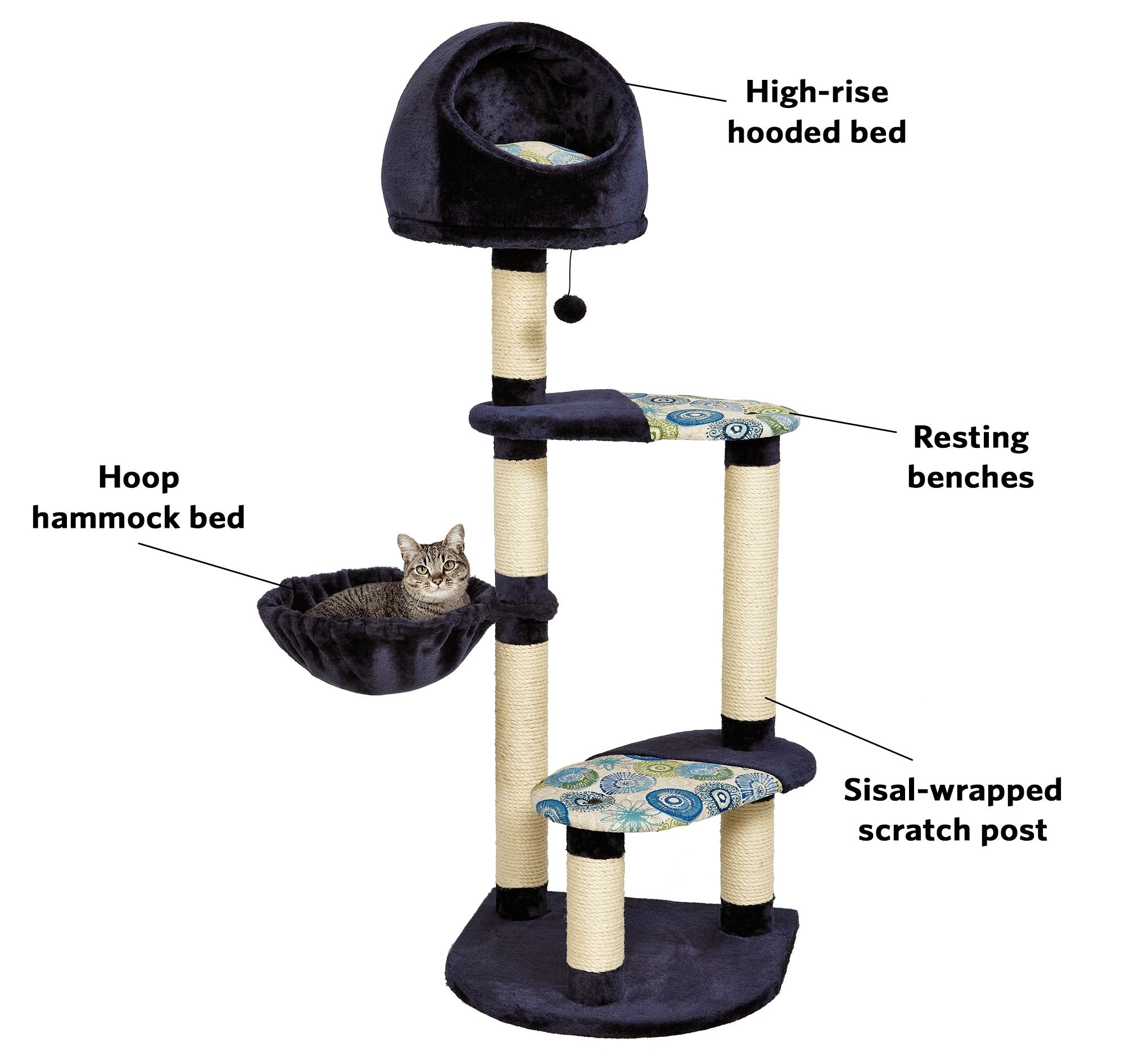 Midwest Homes For Pets Cat Tree Resort, 4-Tier Sisal Wrapped Cat Scratching Post, Blue/White Pattern, 24.75L X 37.25W X 60H Inch