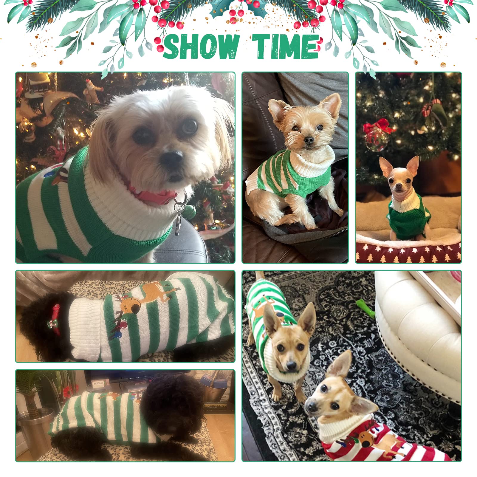 Doggyzstyle Christmas Dog Sweaters Xmas Pet Outfits Striped Elk Costume Holiday Clothes Gifts Puppy Cat Knitted Jumpers (Xs,Gree