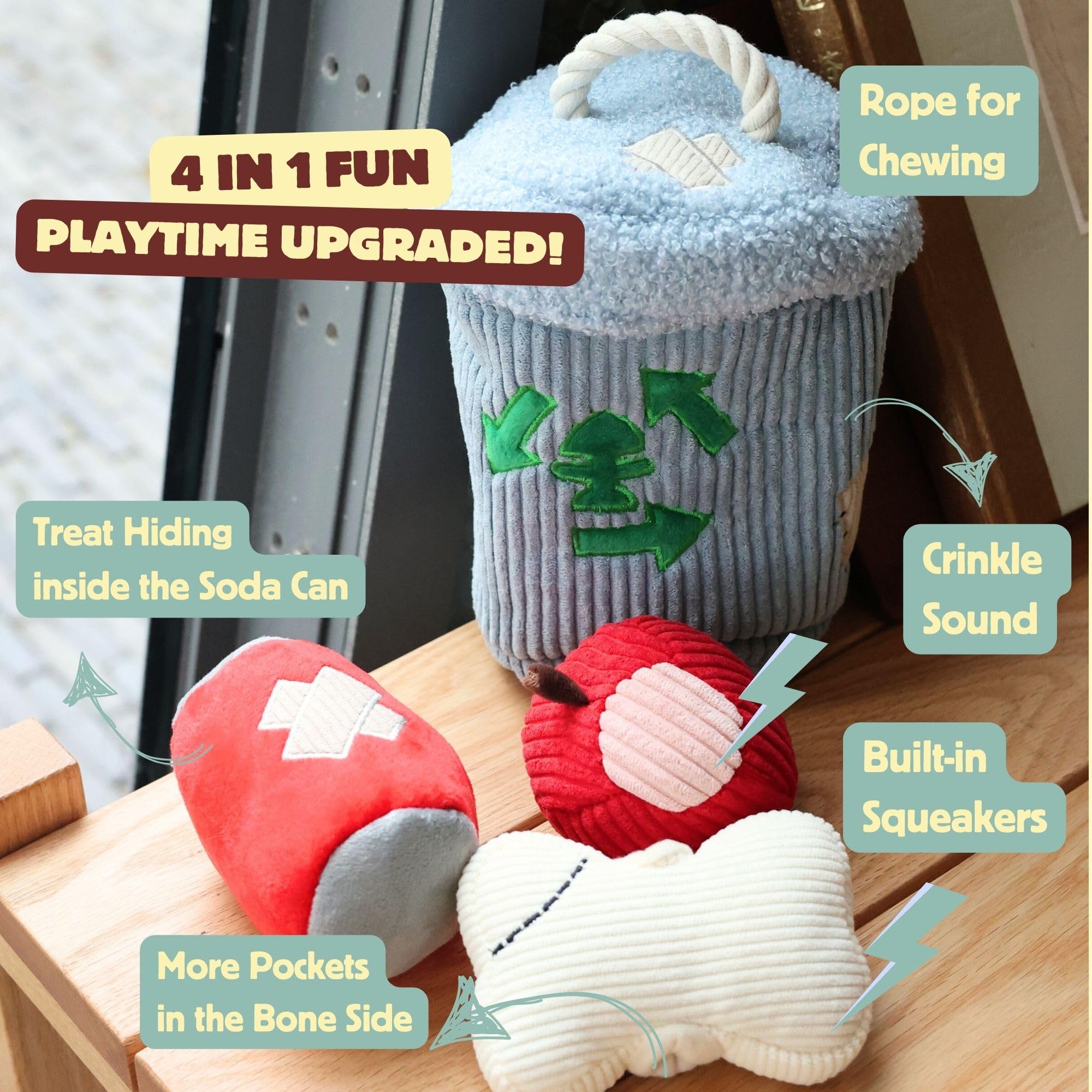Pawfoo Lab Dog Puzzle Toy - Interactive Snuffle Trash Can, 4-in-1 Chew Toy, Durable Cotton, Squeaky & Crinkle Sounds, for Small to Large Dogs