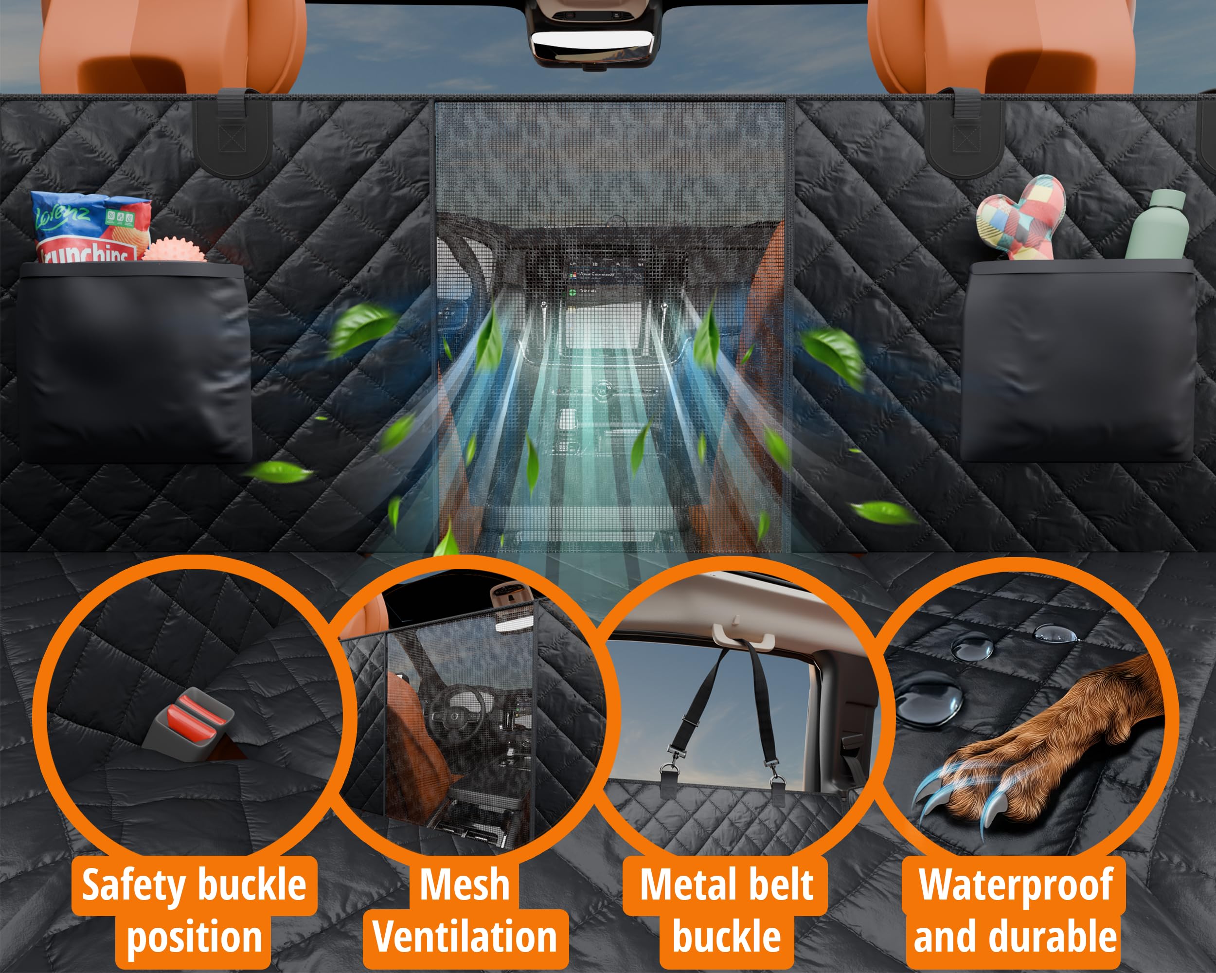 Dog Car Seat Cover For Back Seat - Waterproof Pet Hammock, Car Dog Bed & Back Seat Extender, Scratch-Resistant Seat Protector Fo