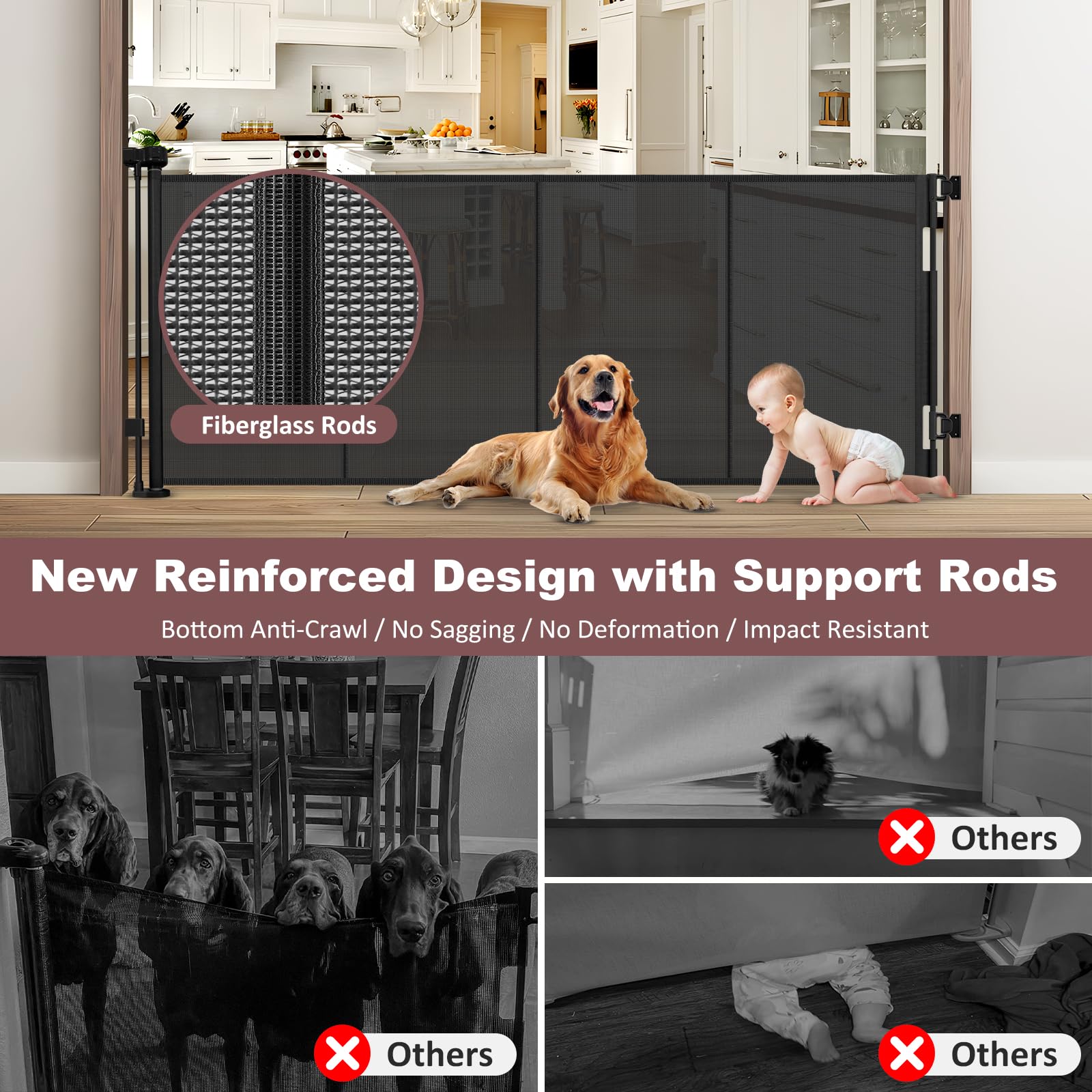 Reinforced 41 Inch Extra Tall Retractable Baby Gates 80'' Wide Retractable Dog Gate with Support Rods - Prevents Crawling Under,
