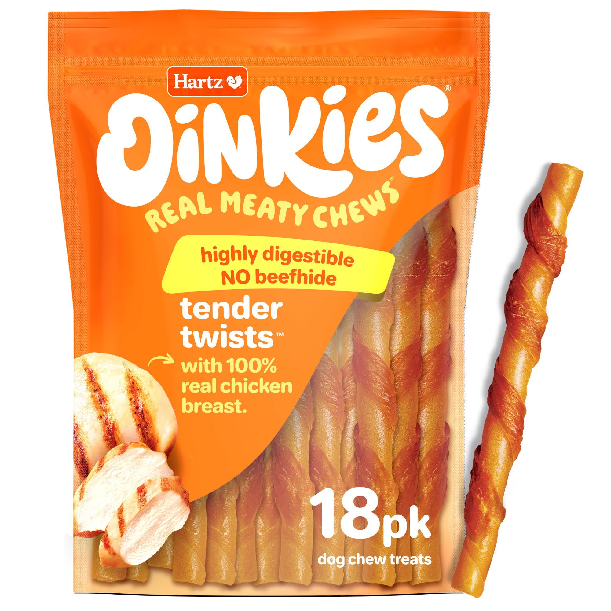 Hartz Oinkies Rawhide-Free Tender Treats Wrapped with Chicken Dog Treats Chews, 18 Count, Highly Digestible, No Artificial Flavo